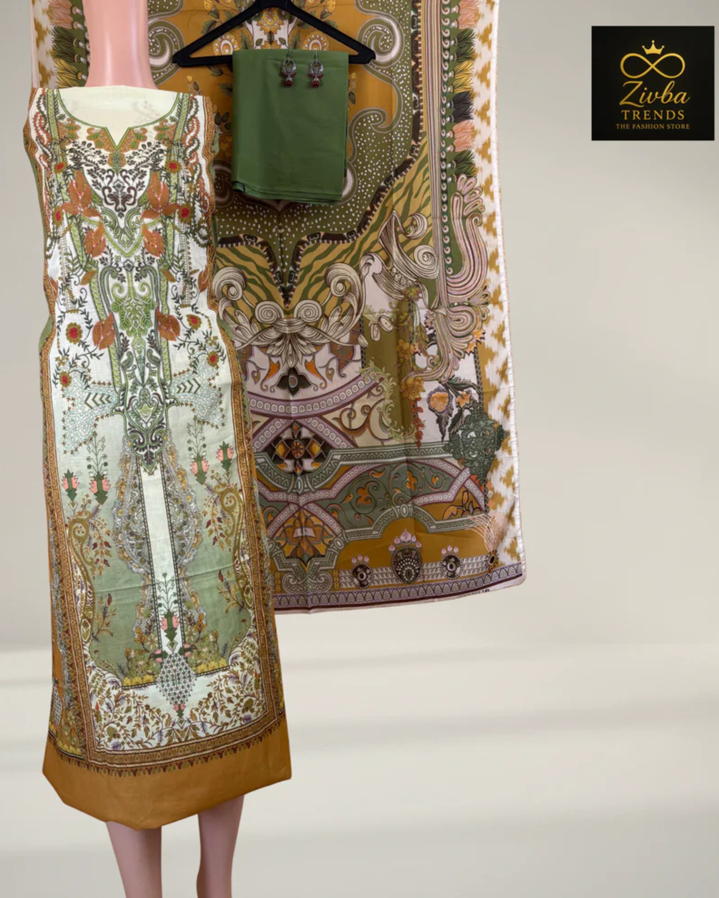 Parrot green  Printed Suit Set with Elegant Floral Detailing
