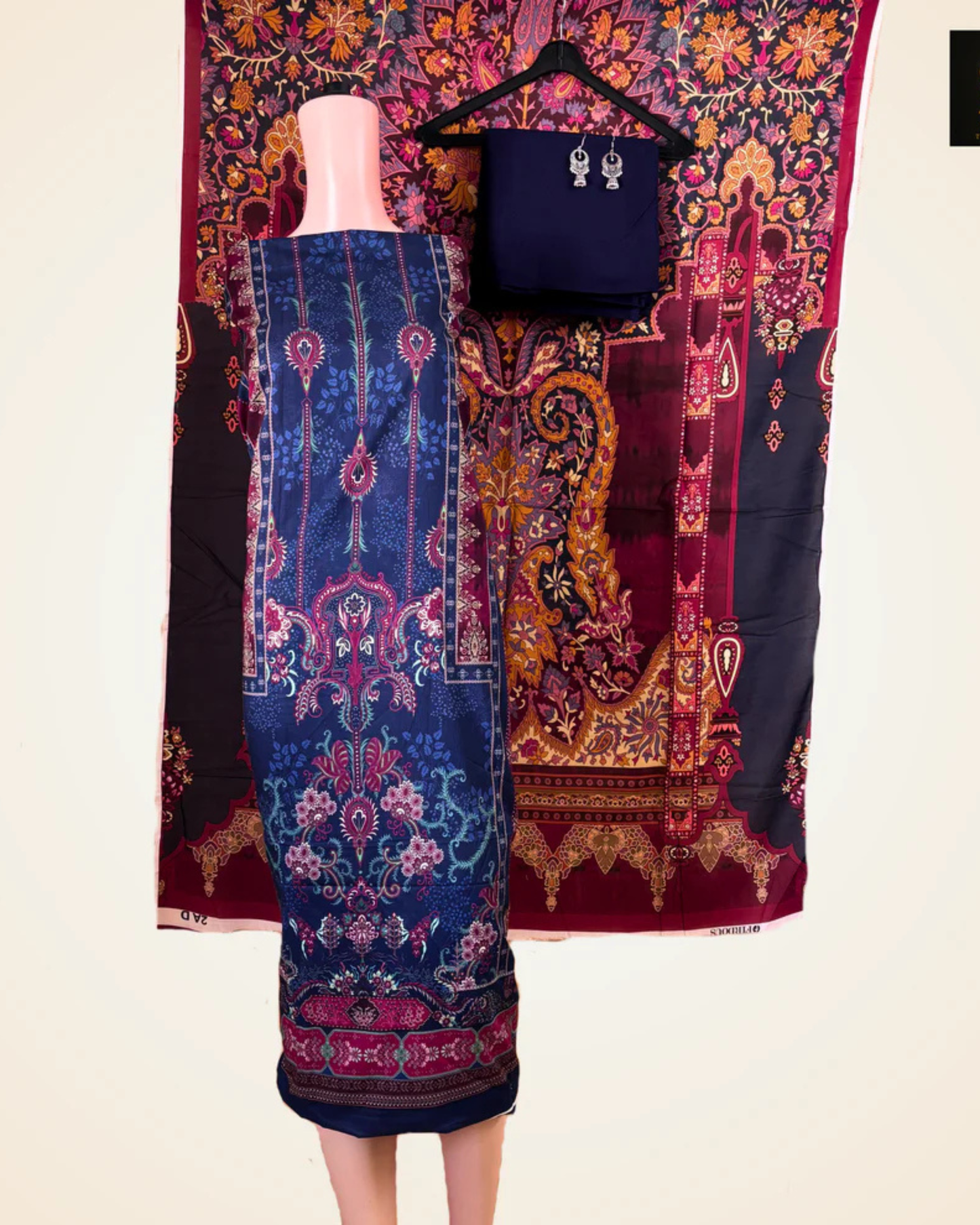 Navy  Blue Printed Suit Set with Elegant Floral Detailing