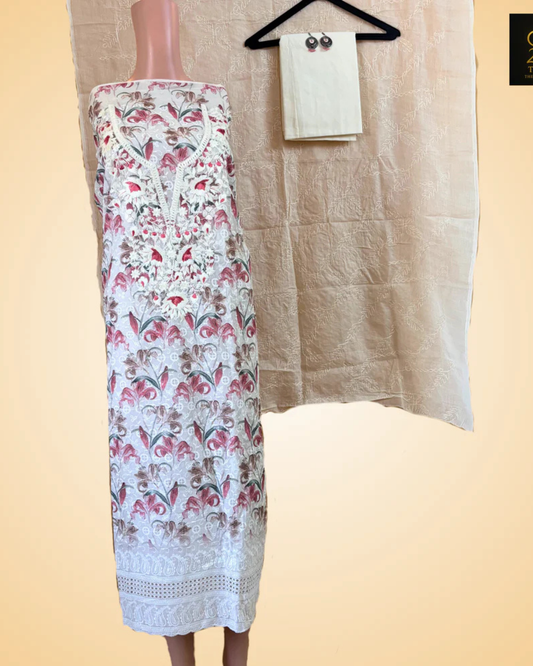 White + Off-White chikankari Work Printed Suit Set