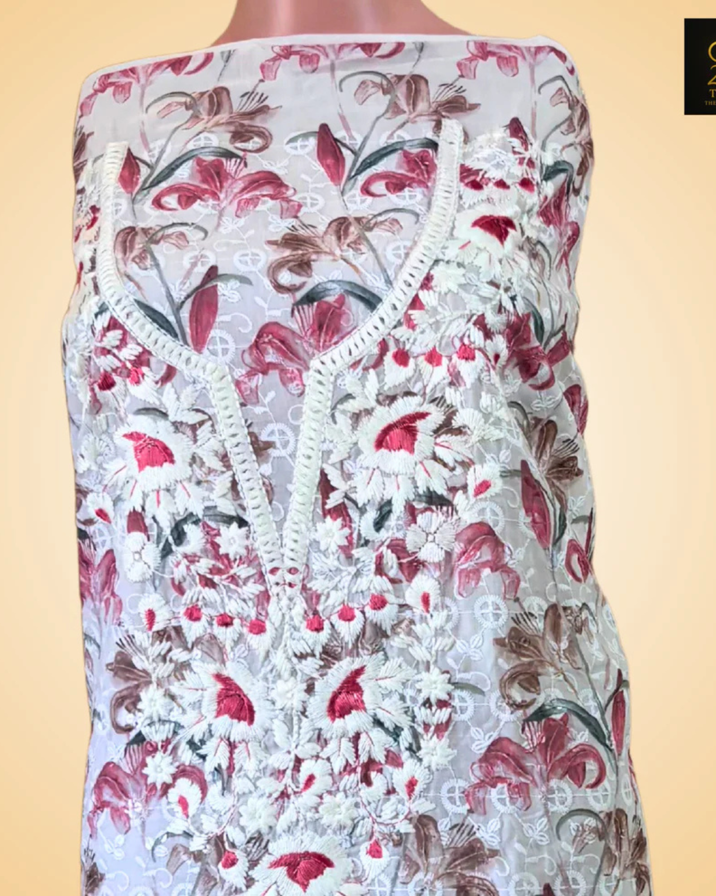 White + Off-White chikankari Work Printed Suit Set