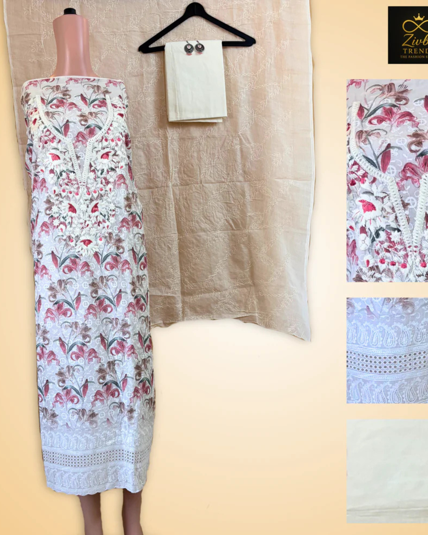 White + Off-White chikankari Work Printed Suit Set