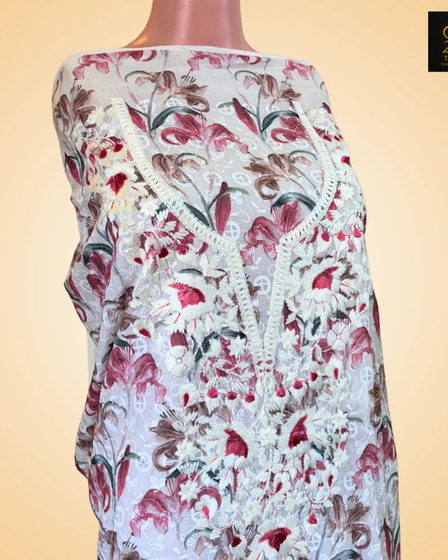 White + Off-White chikankari Work Printed Suit Set