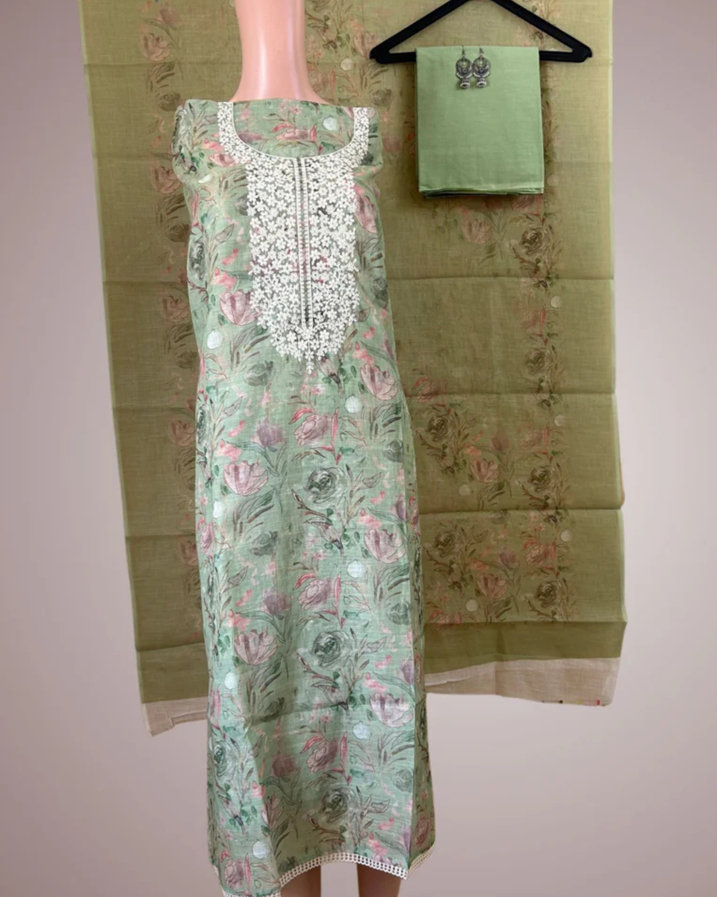 Pista Light Green Printed Suit Set with Embroidery Work