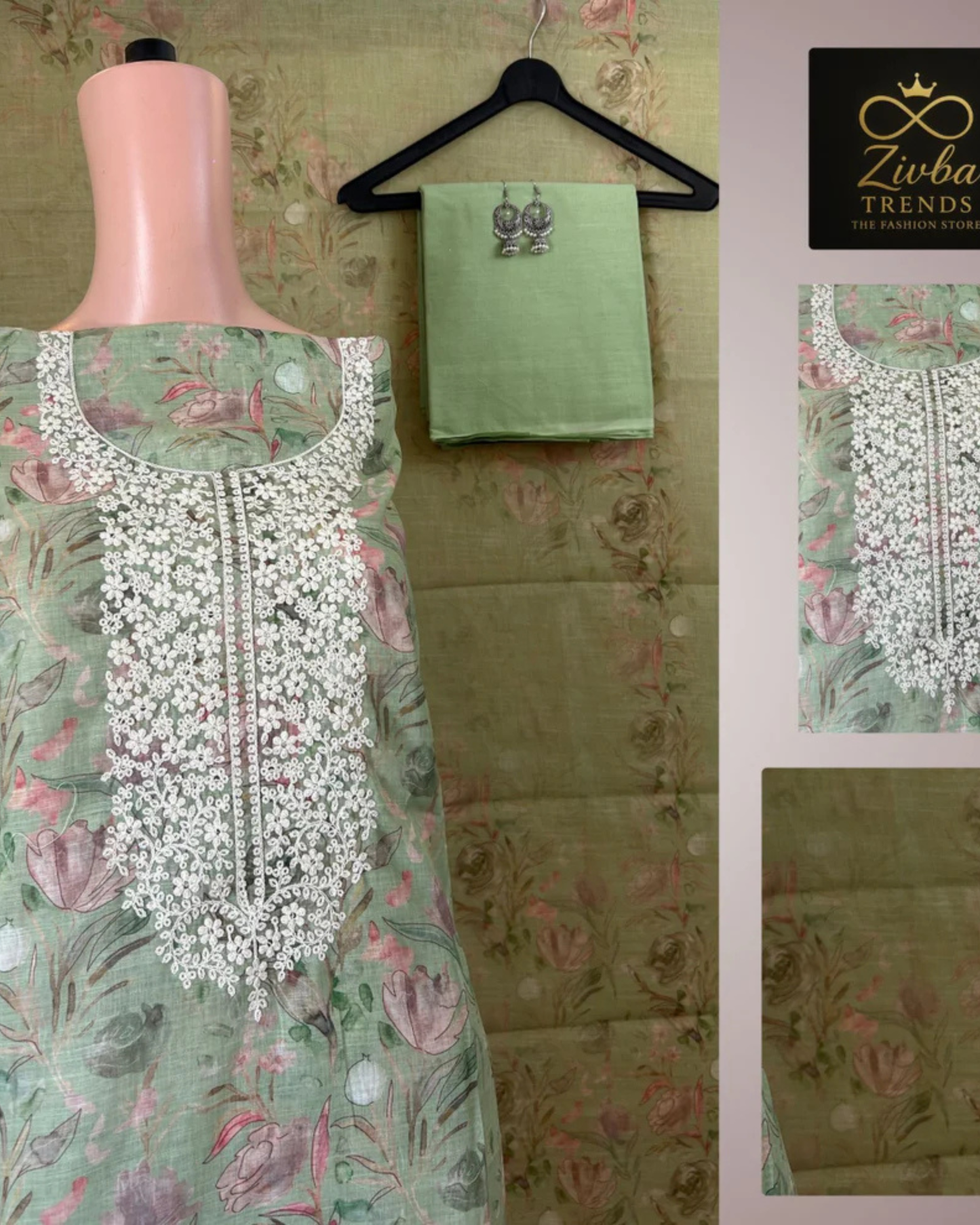 Pista Light Green Printed Suit Set with Embroidery Work