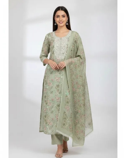 Pista Light Green Printed Suit Set with Embroidery Work