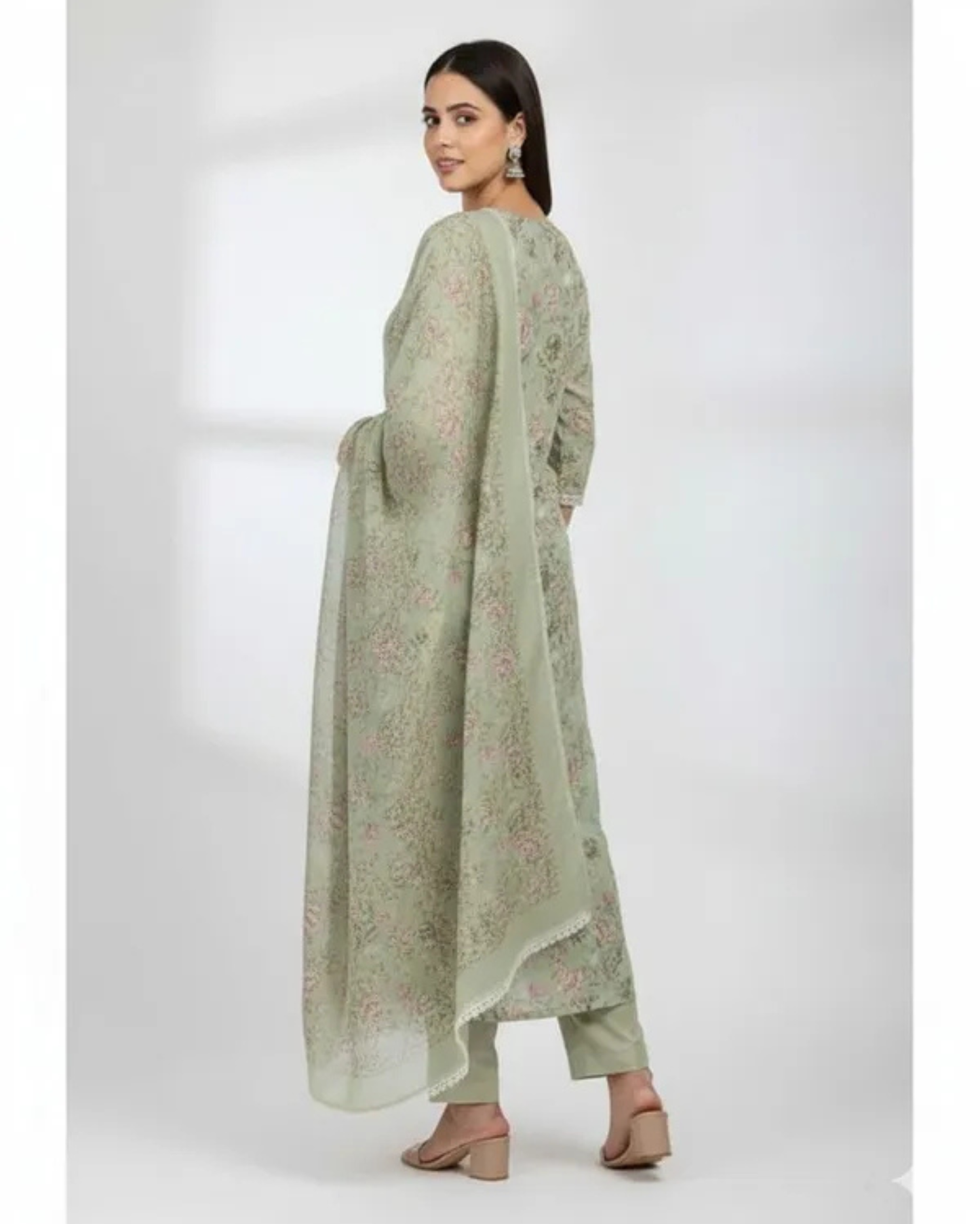 Pista Light Green Printed Suit Set with Embroidery Work