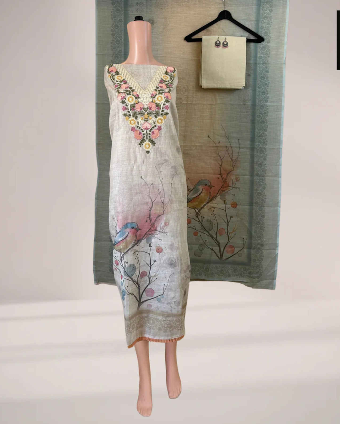 Off-White Kashmiri Embroidered Suit Set with Sky Blue Printed Dupatta