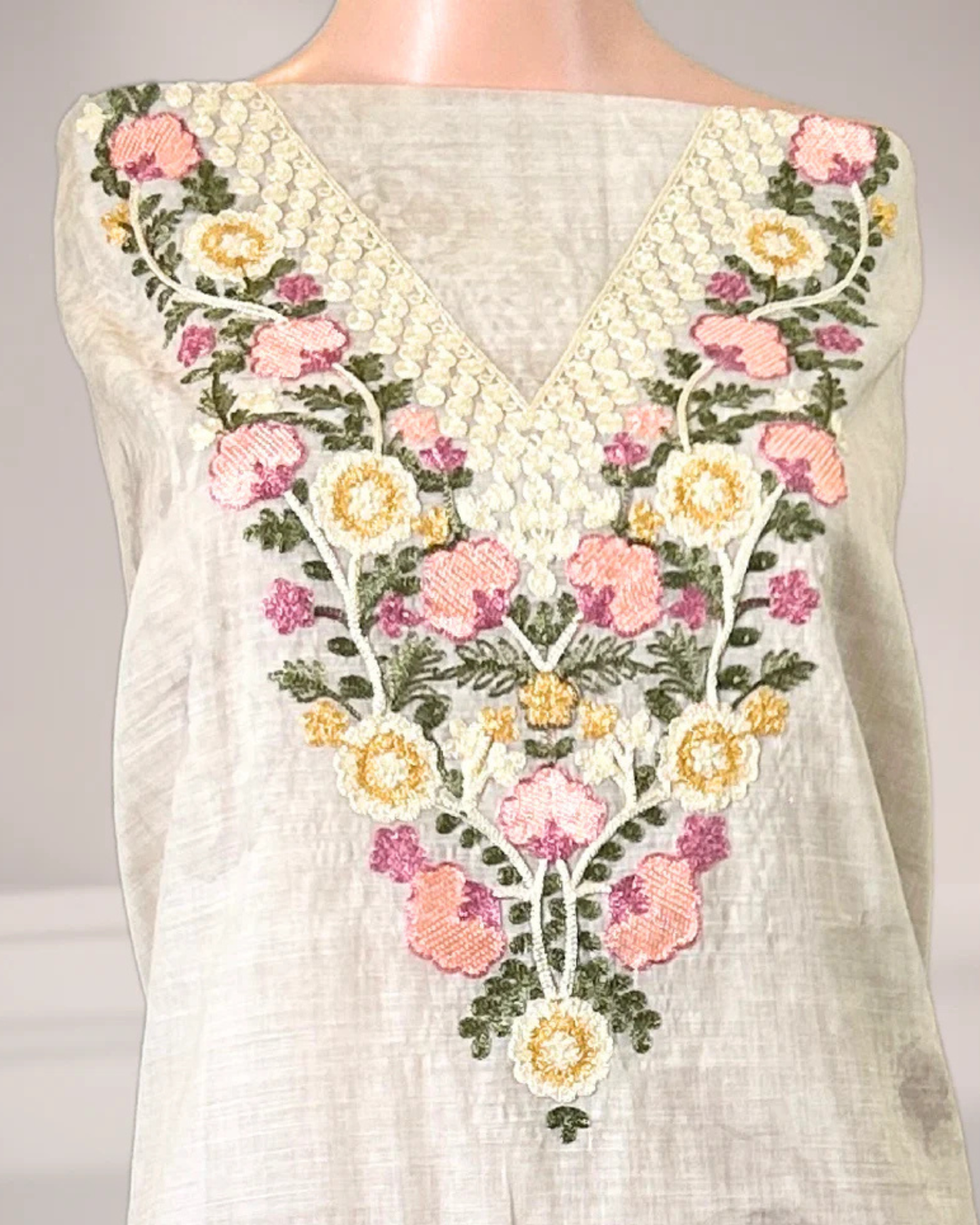 Off-White Kashmiri Embroidered Suit Set with Sky Blue Printed Dupatta