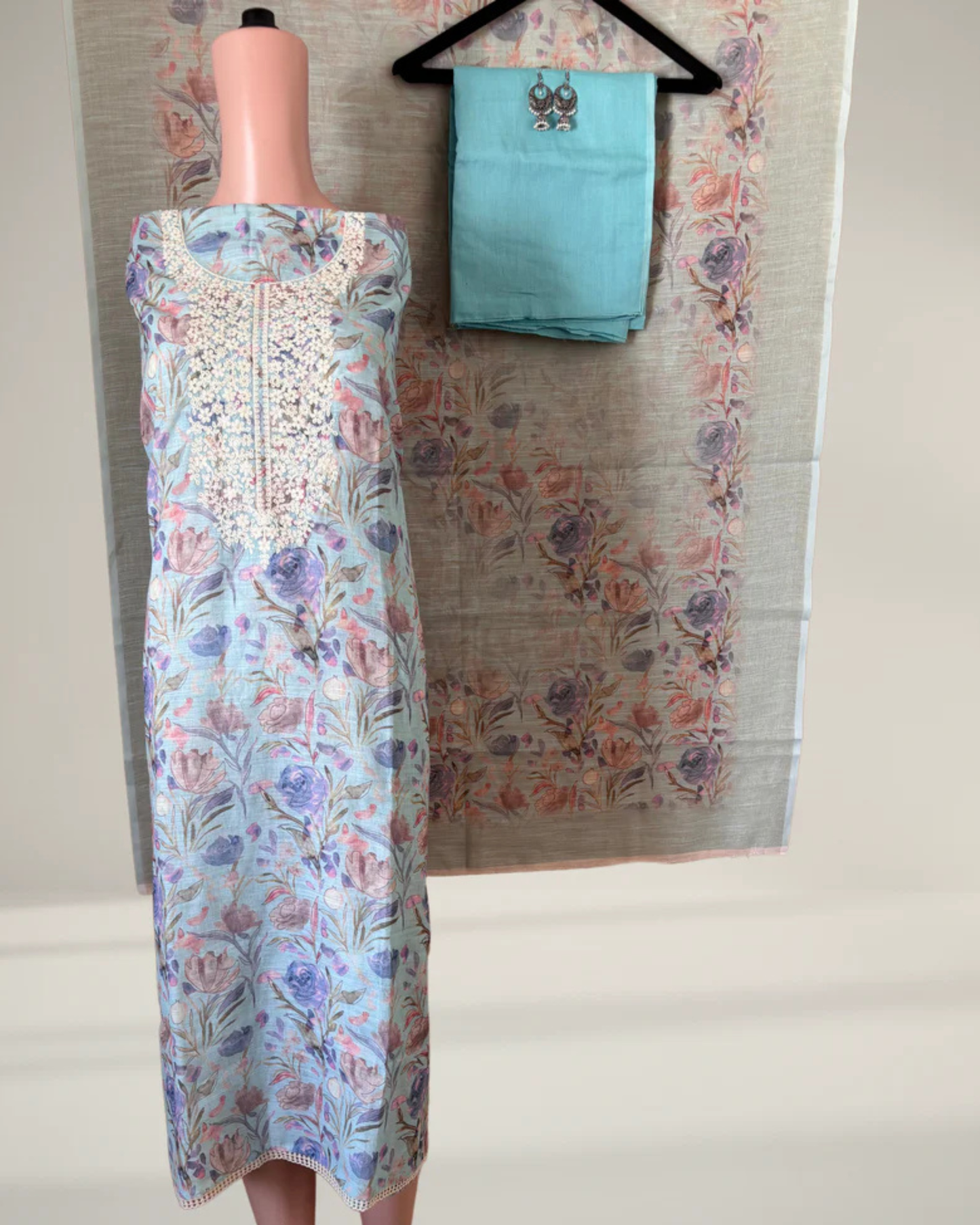 Sky Blue Printed Suit Set with Embroidery Work