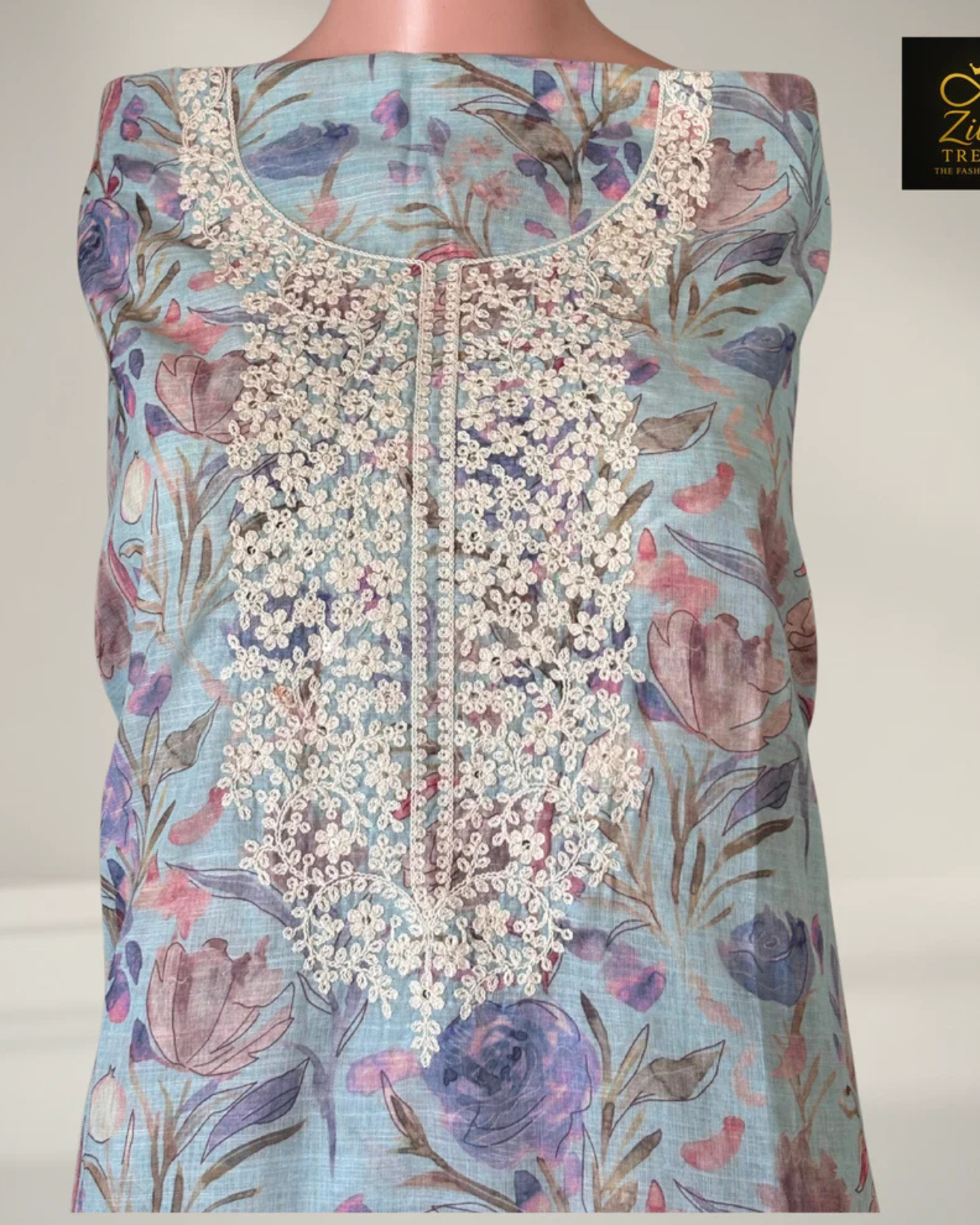 Sky Blue Printed Suit Set with Embroidery Work