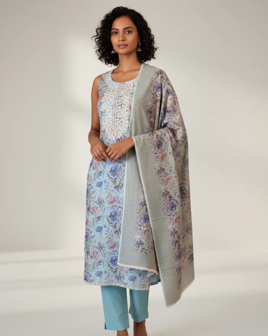 Sky Blue Printed Suit Set with Embroidery Work