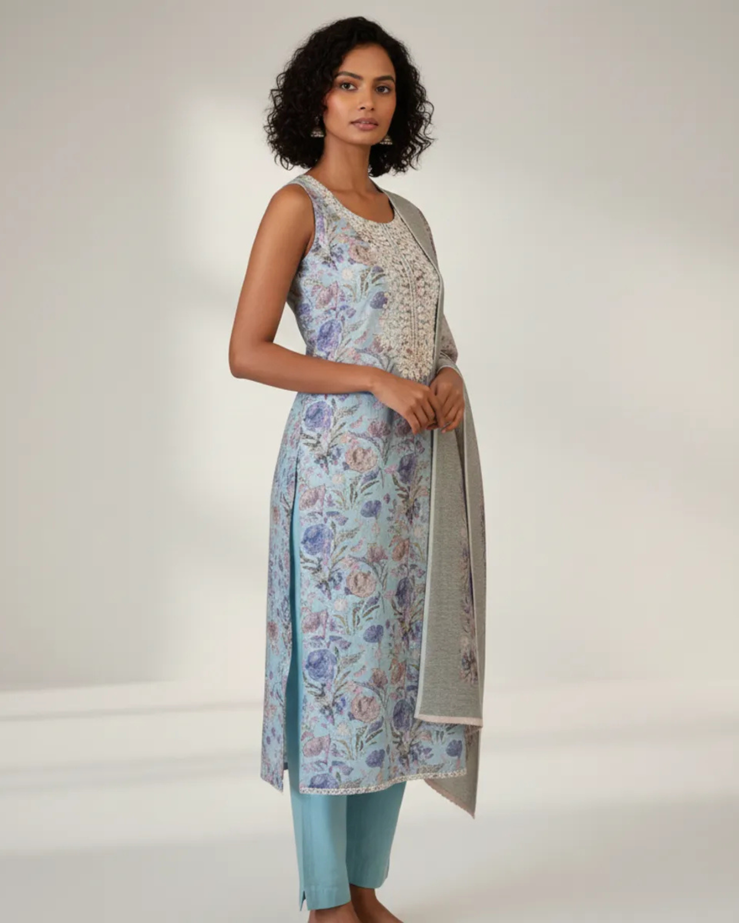 Sky Blue Printed Suit Set with Embroidery Work