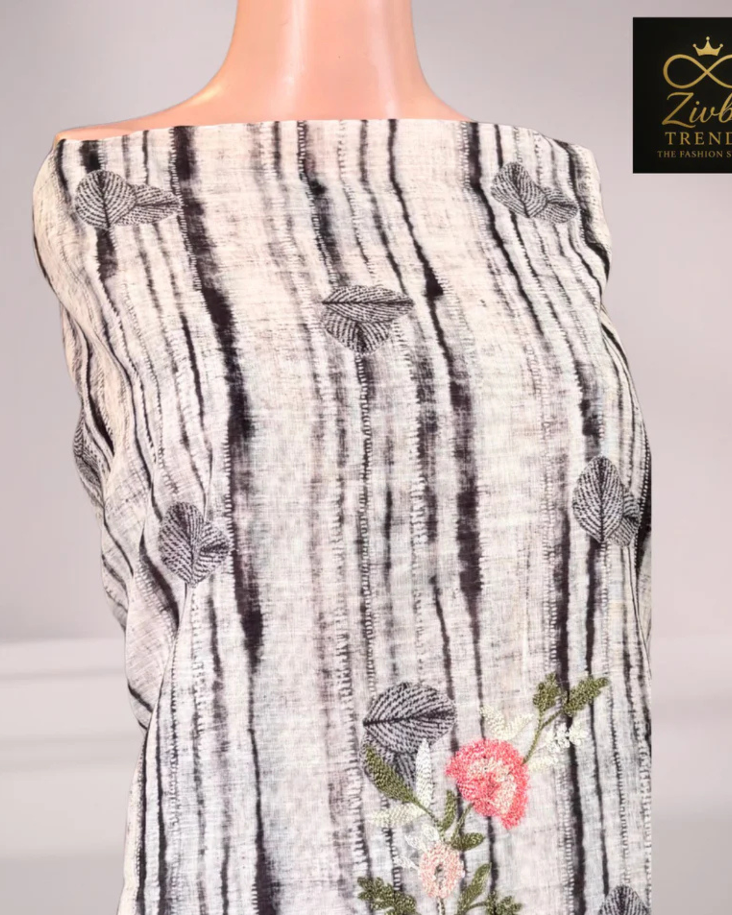 White & Black Embroidered Suit Set with Printed Dupatta