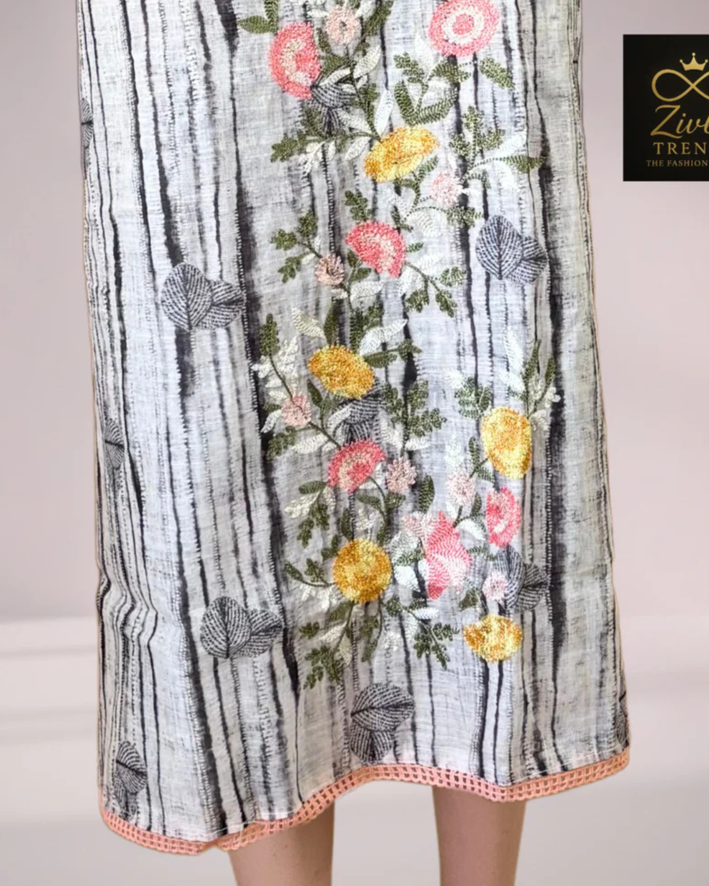 White & Black Embroidered Suit Set with Printed Dupatta