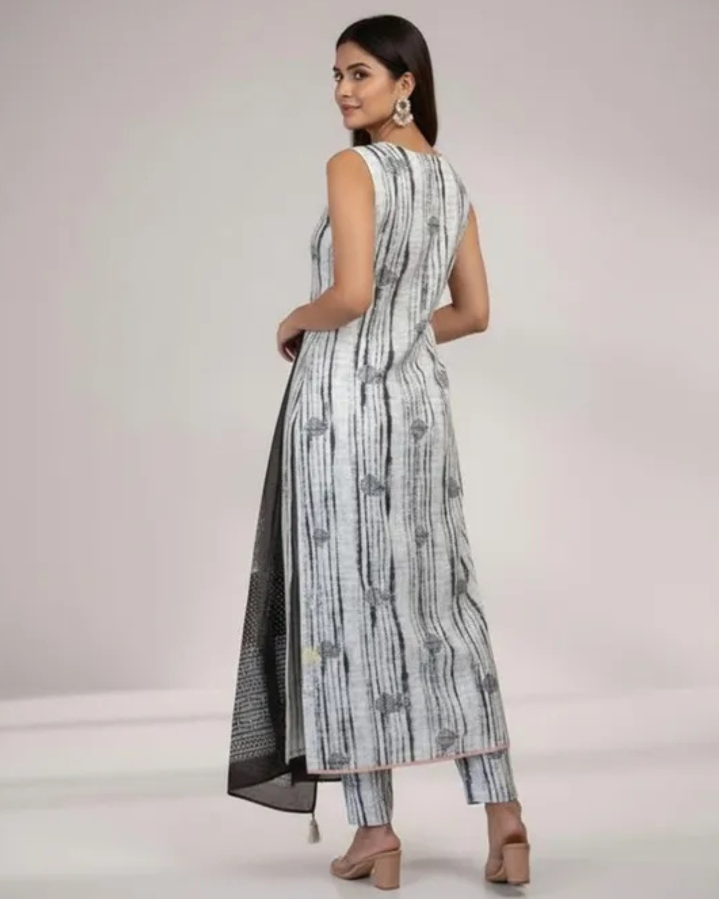 White & Black Embroidered Suit Set with Printed Dupatta