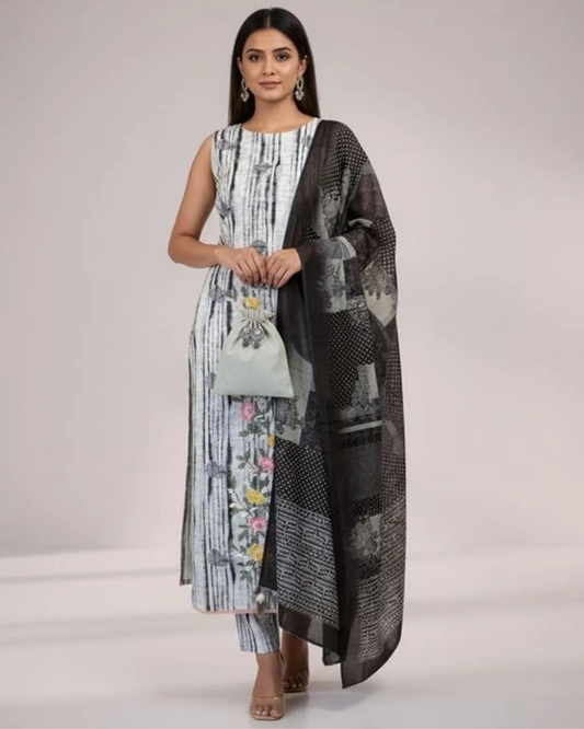 White & Black Embroidered Suit Set with Printed Dupatta