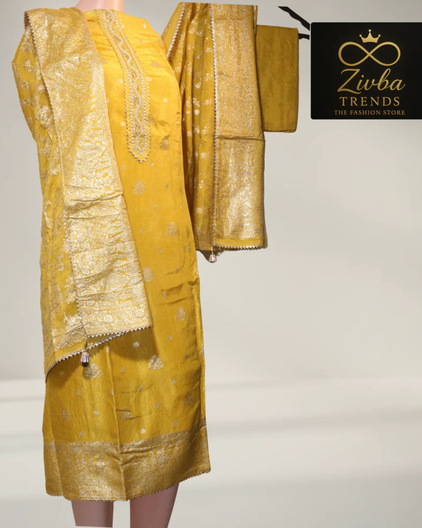 Banarasi Silk Suit Set – Kurta, Dupatta & Plain Bottom
