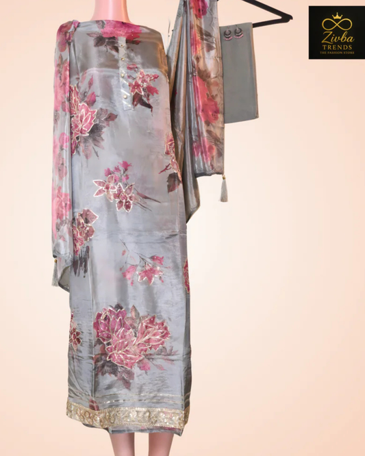 Printed Gray Gota Work Tussle Fabric Suit Set