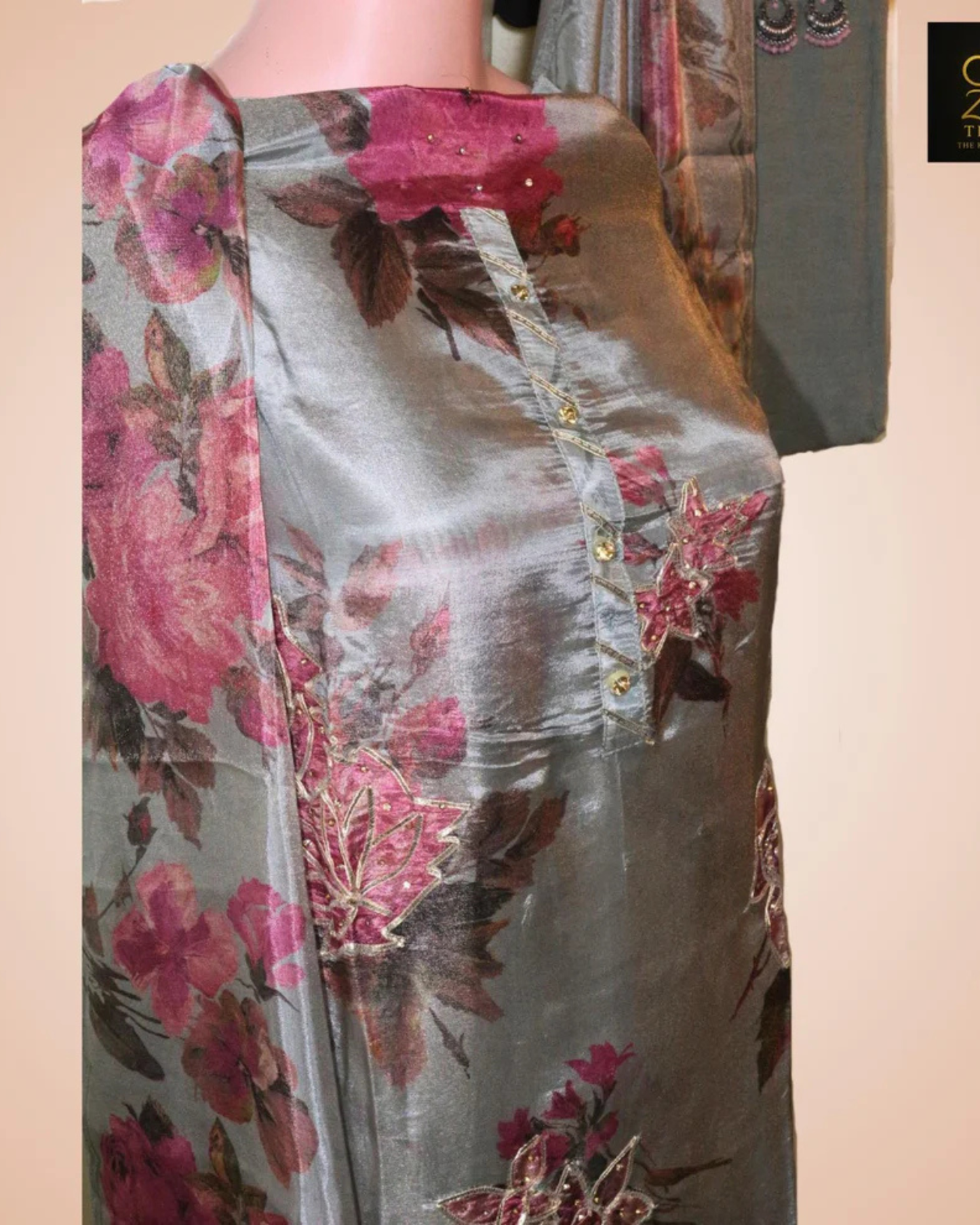 Printed Gray Gota Work Tussle Fabric Suit Set