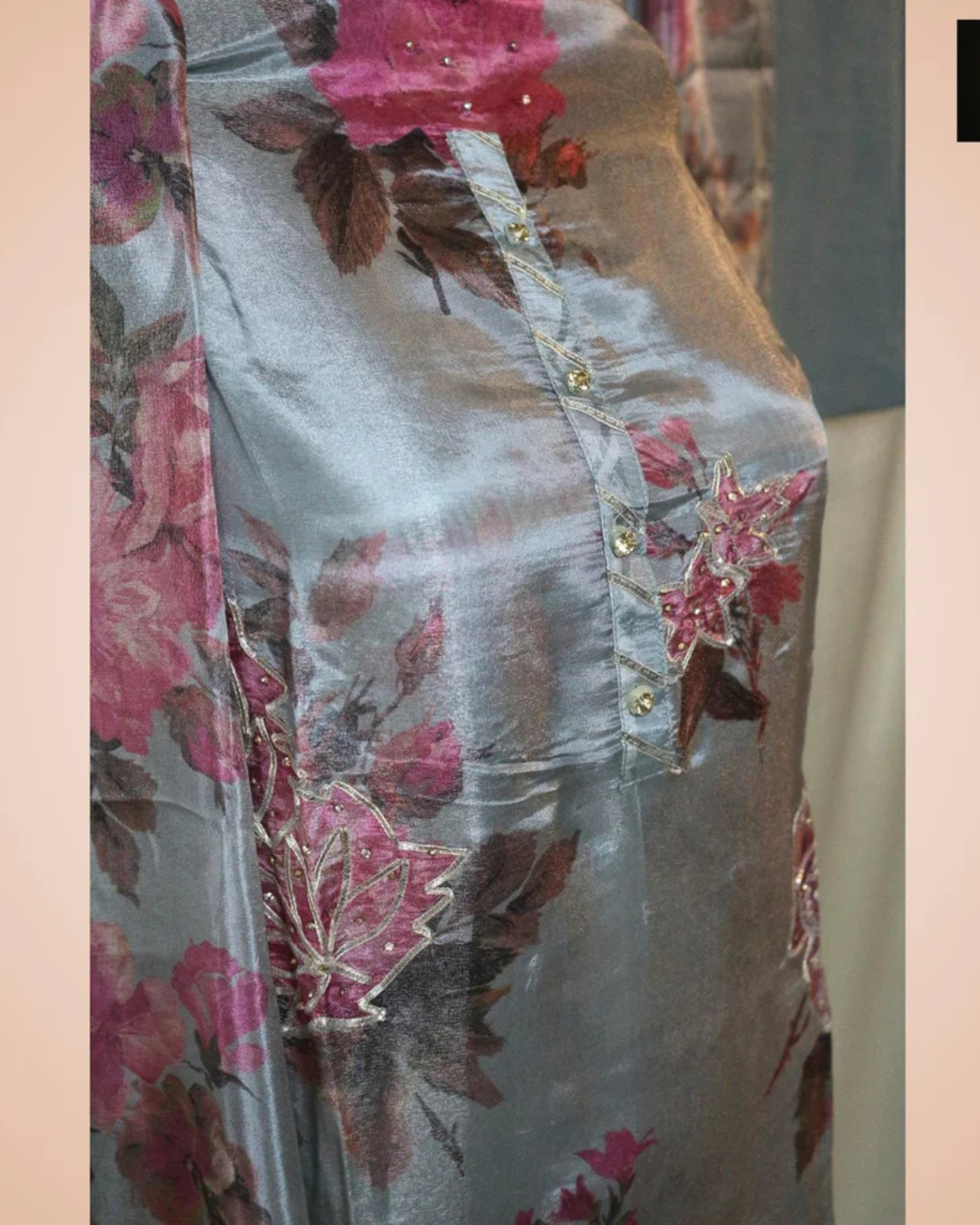 Printed Gray Gota Work Tussle Fabric Suit Set