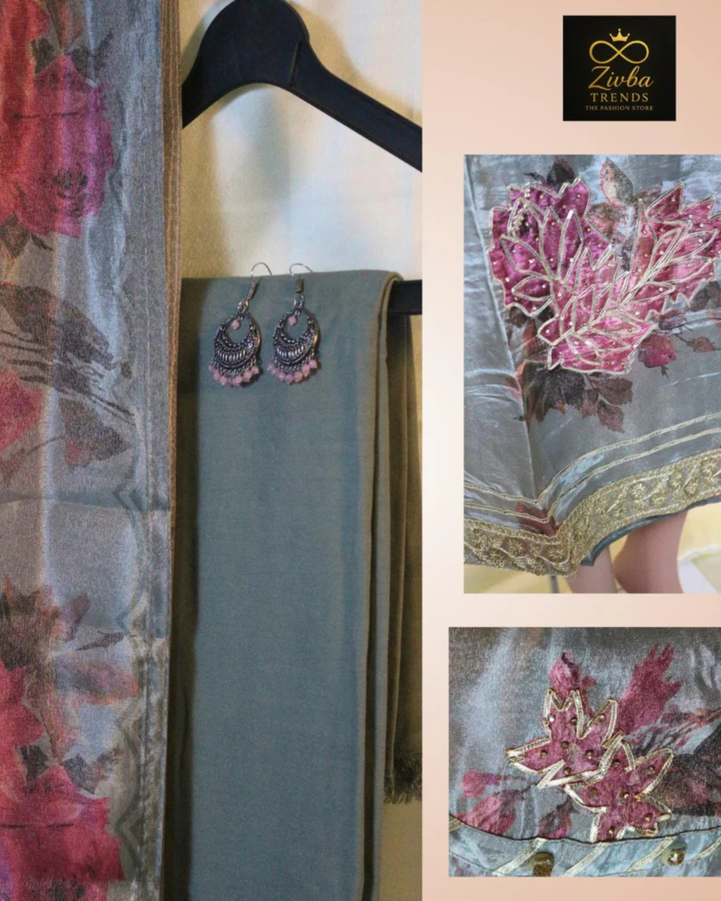 Printed Gray Gota Work Tussle Fabric Suit Set