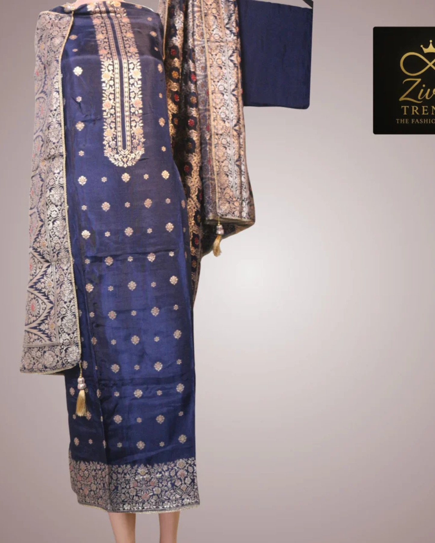Navy Blue Banarasi Pure Silk Unstitched Suit Set