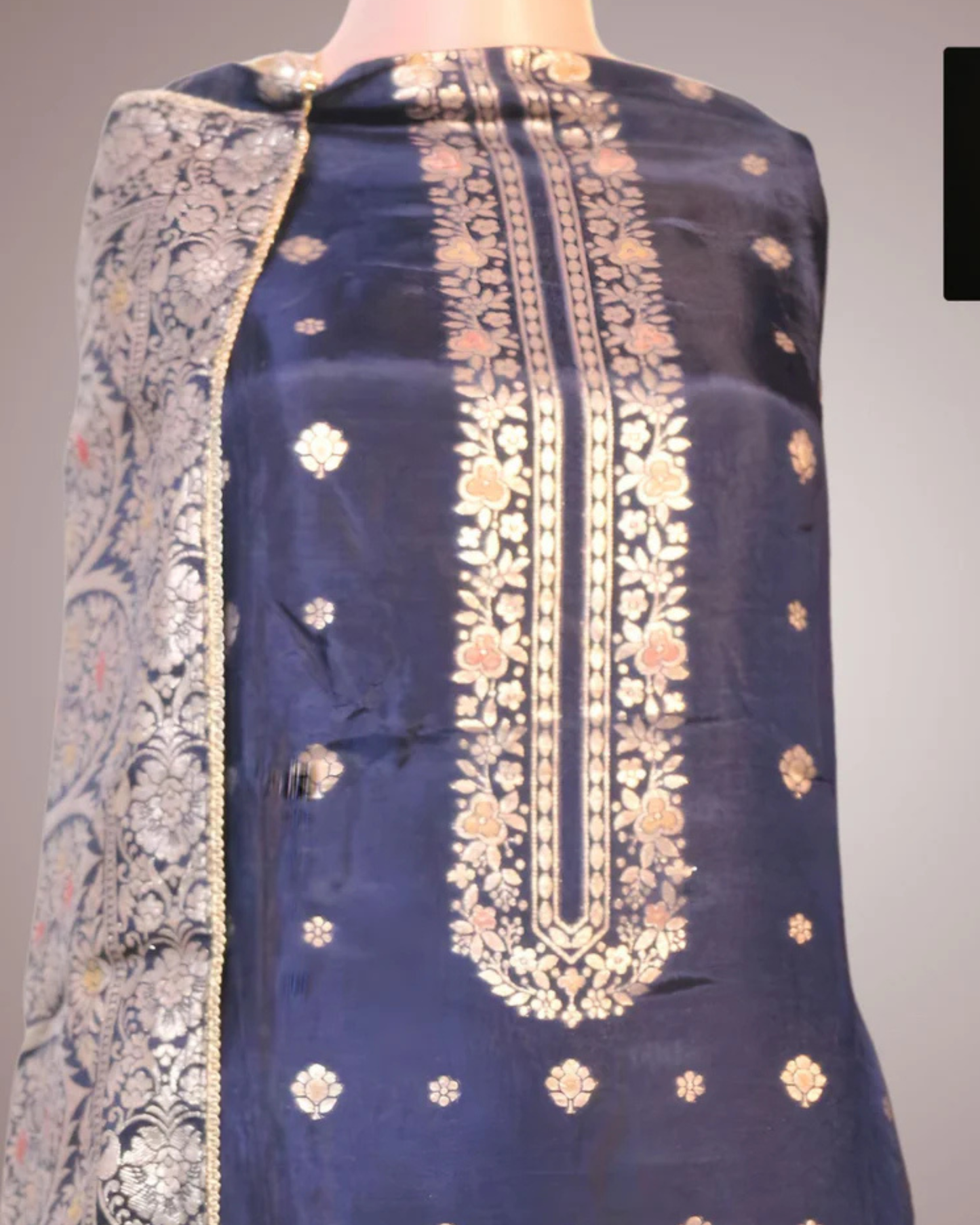 Navy Blue Banarasi Pure Silk Unstitched Suit Set