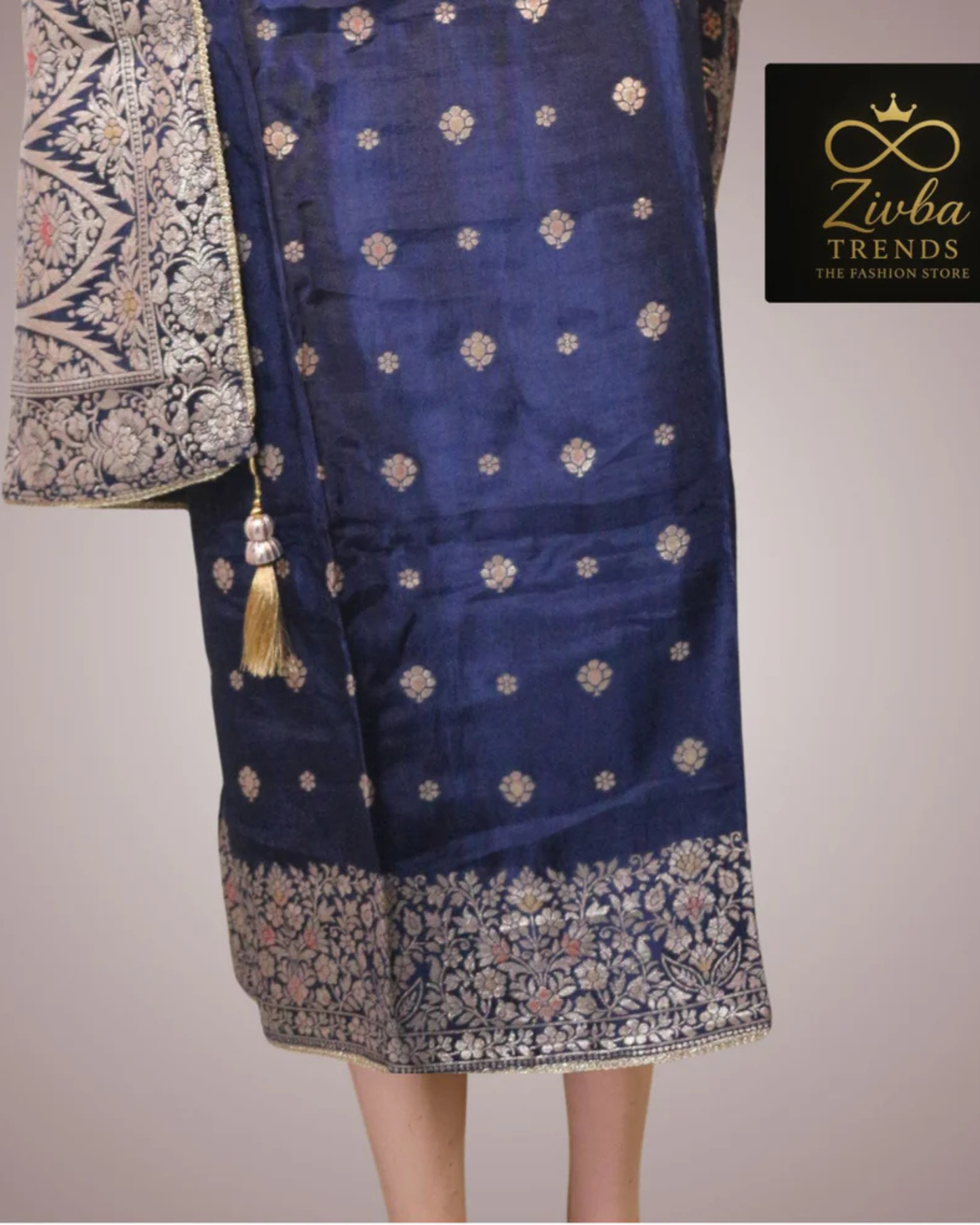 Navy Blue Banarasi Pure Silk Unstitched Suit Set