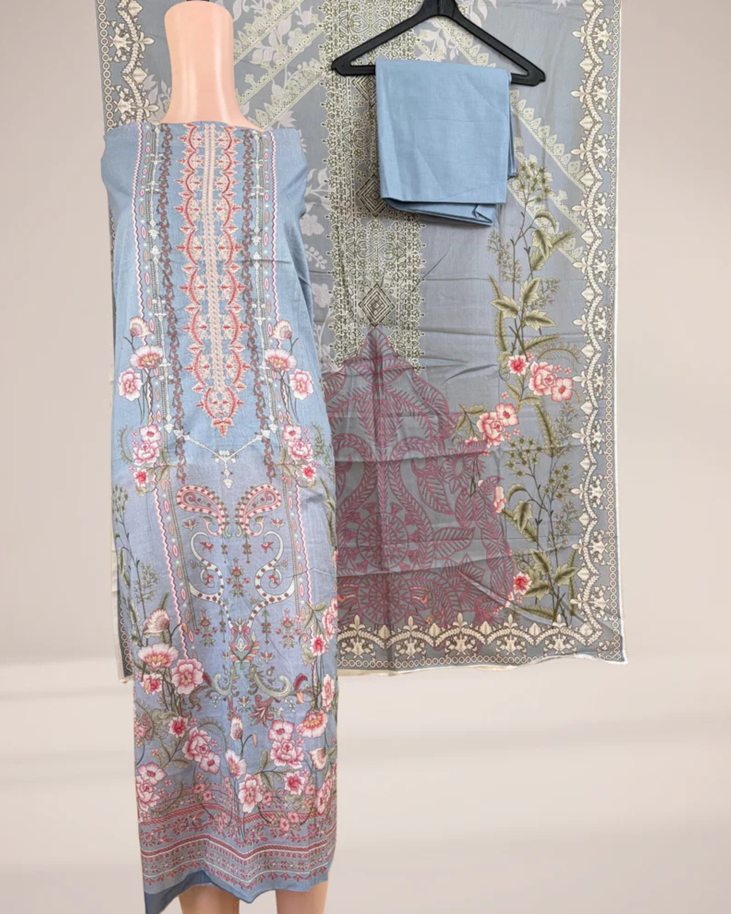 Light Sky Blue Printed Suit Set with Embroidered Neck Work