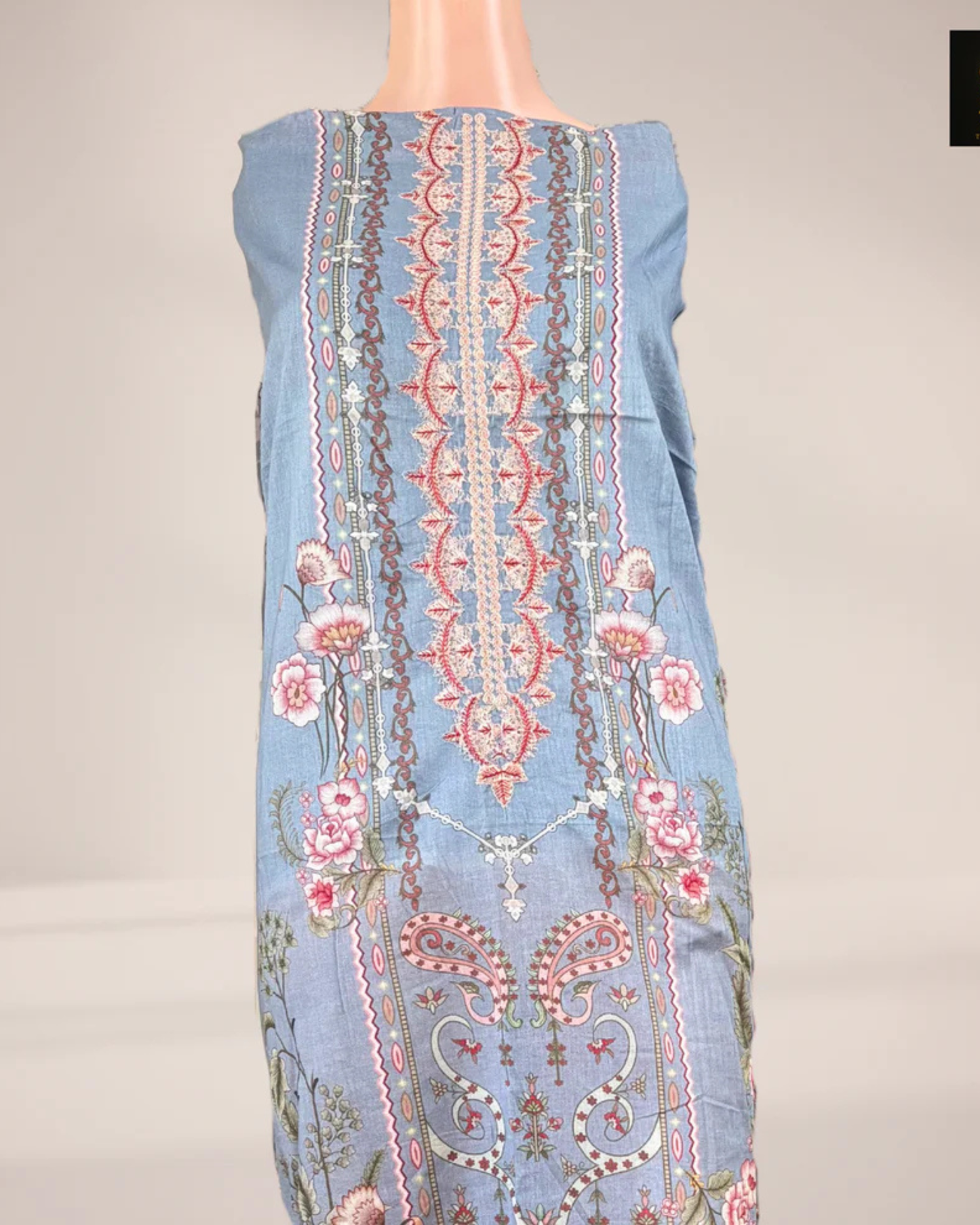 Light Sky Blue Printed Suit Set with Embroidered Neck Work