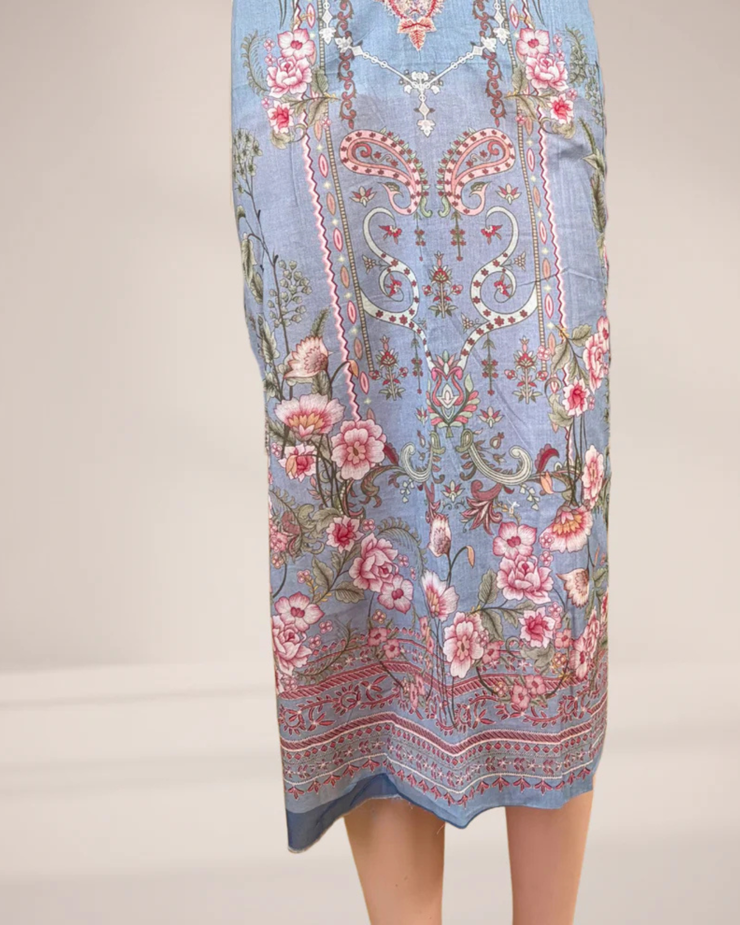 Light Sky Blue Printed Suit Set with Embroidered Neck Work