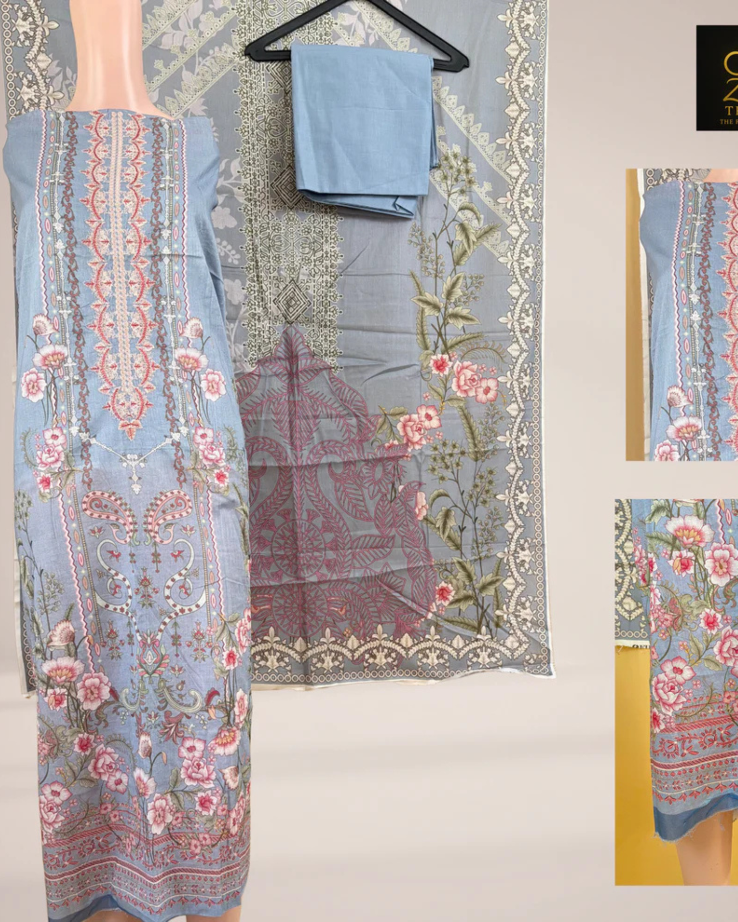 Light Sky Blue Printed Suit Set with Embroidered Neck Work