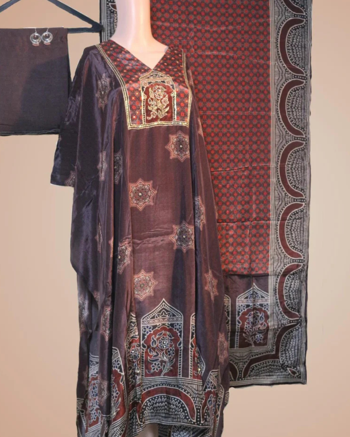Brown Crepe Printed Suit Set with Hand Embroidery and Tassel Dupatta