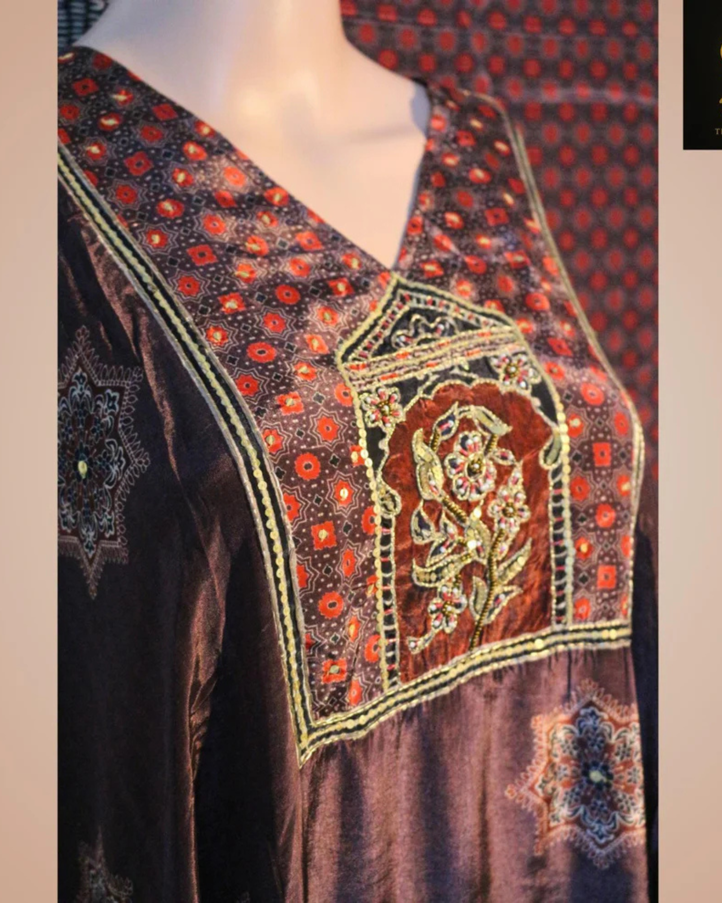 Brown Crepe Printed Suit Set with Hand Embroidery and Tassel Dupatta