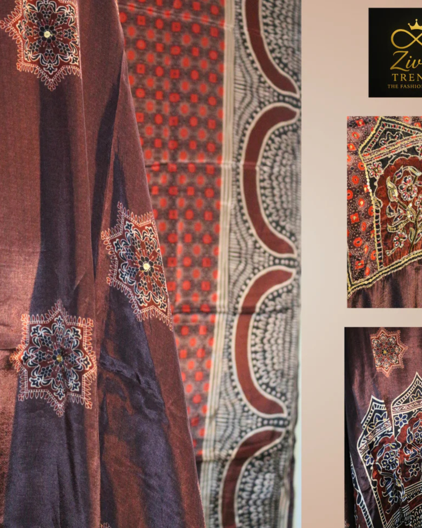 Brown Crepe Printed Suit Set with Hand Embroidery and Tassel Dupatta