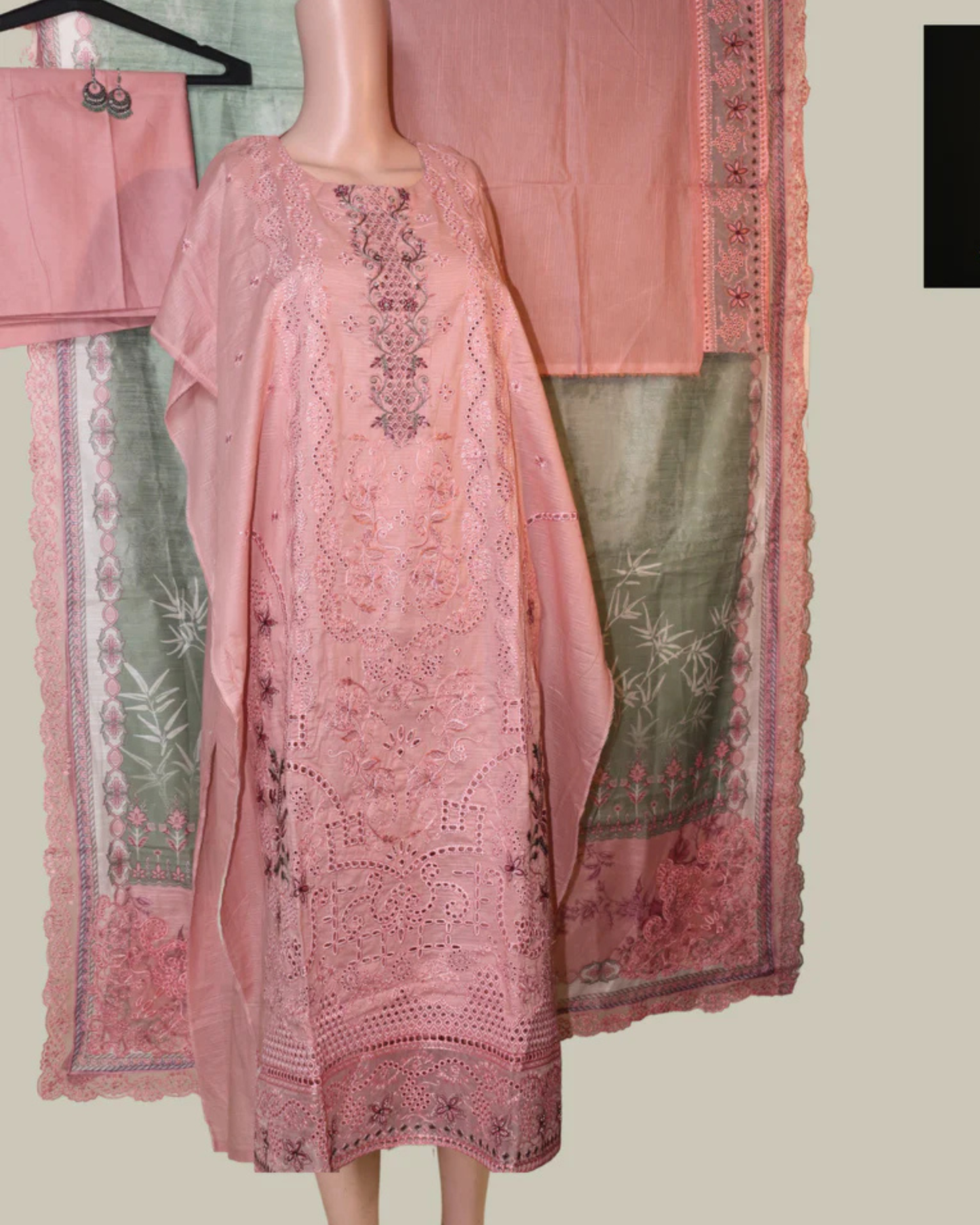 Peach Pink &amp; Pista Green Embroidered Suit Set with Tissue Detailing