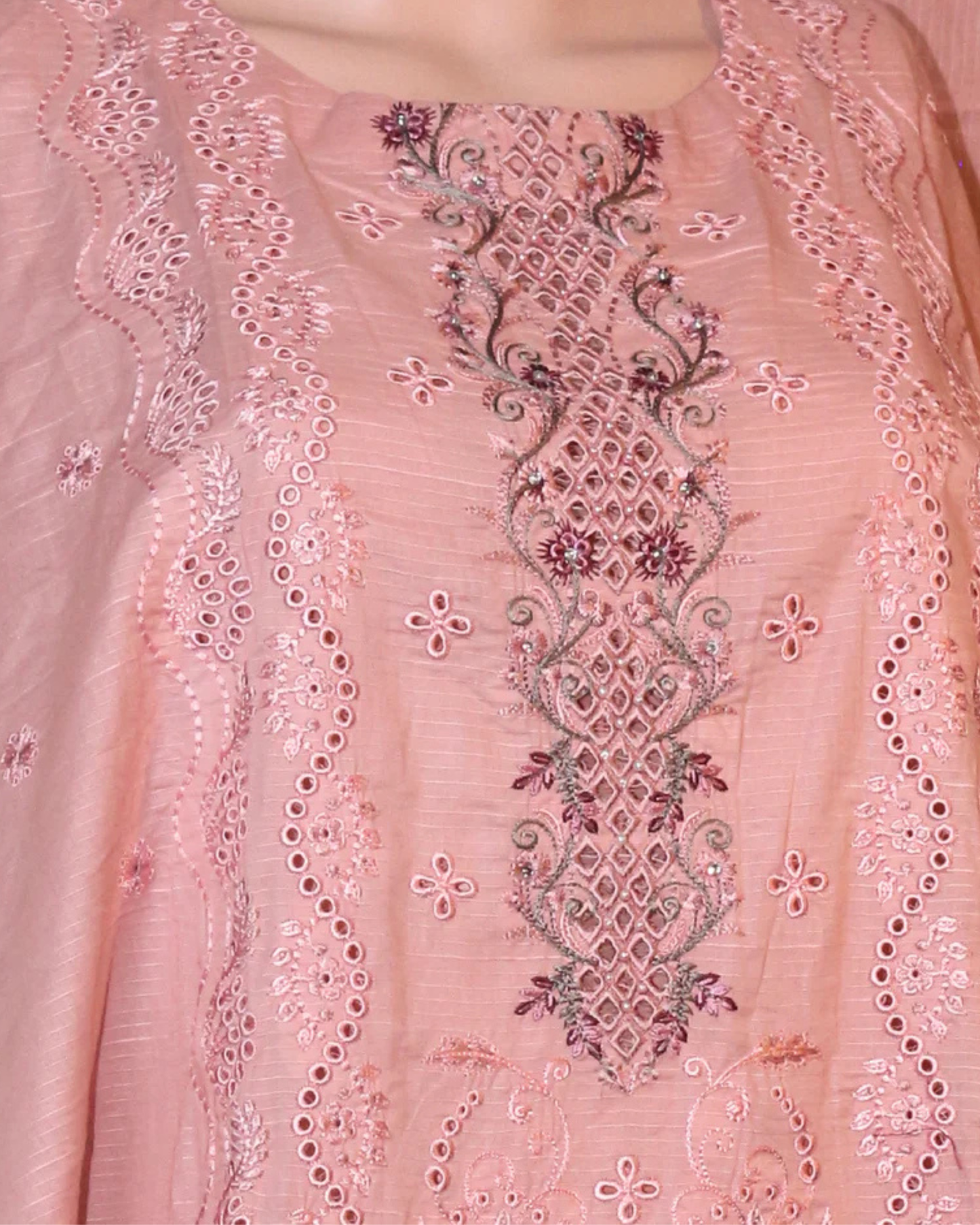 Peach Pink &amp; Pista Green Embroidered Suit Set with Tissue Detailing