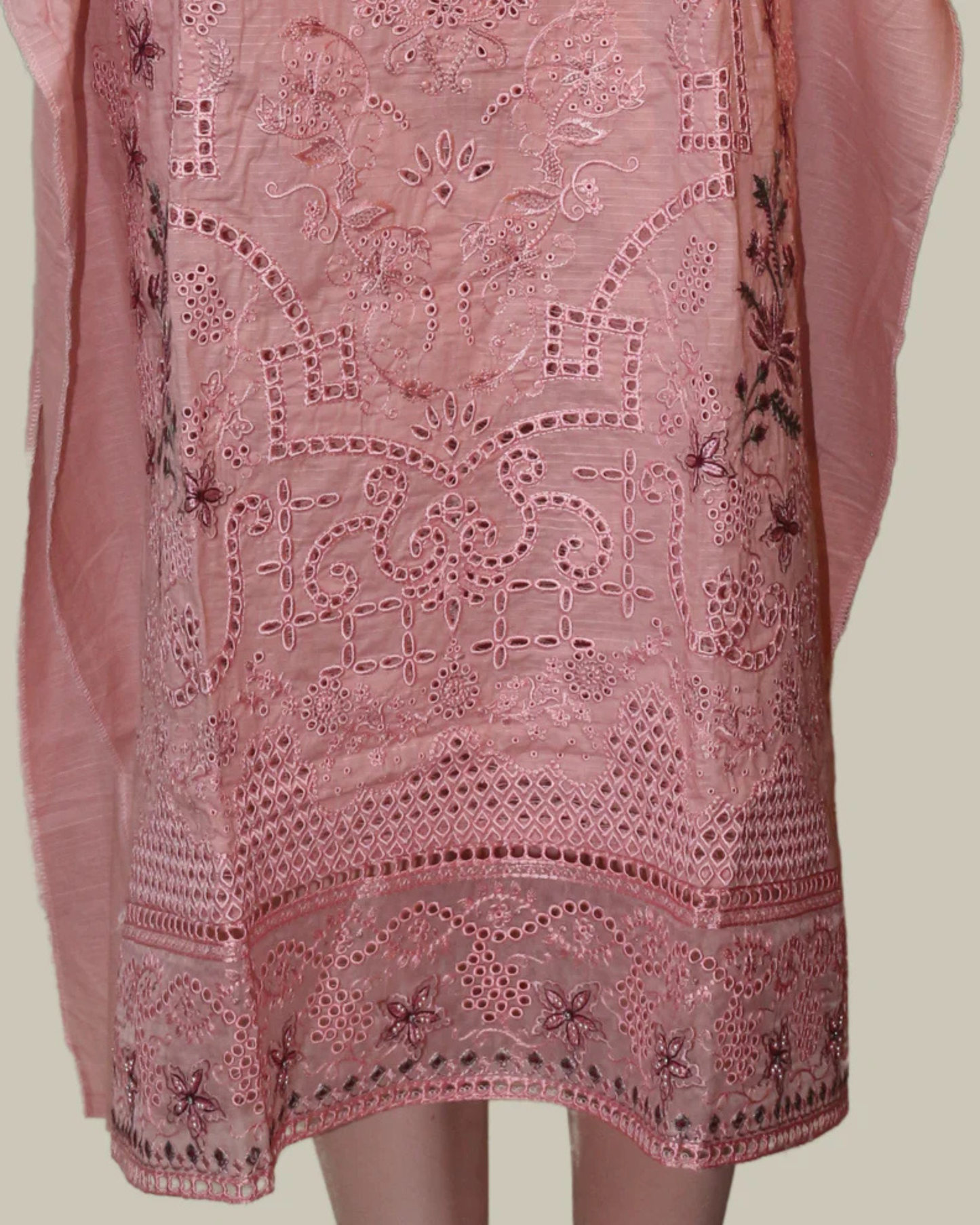 Peach Pink &amp; Pista Green Embroidered Suit Set with Tissue Detailing