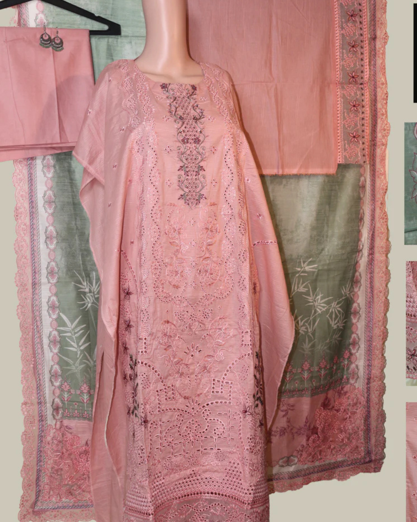 Peach Pink &amp; Pista Green Embroidered Suit Set with Tissue Detailing