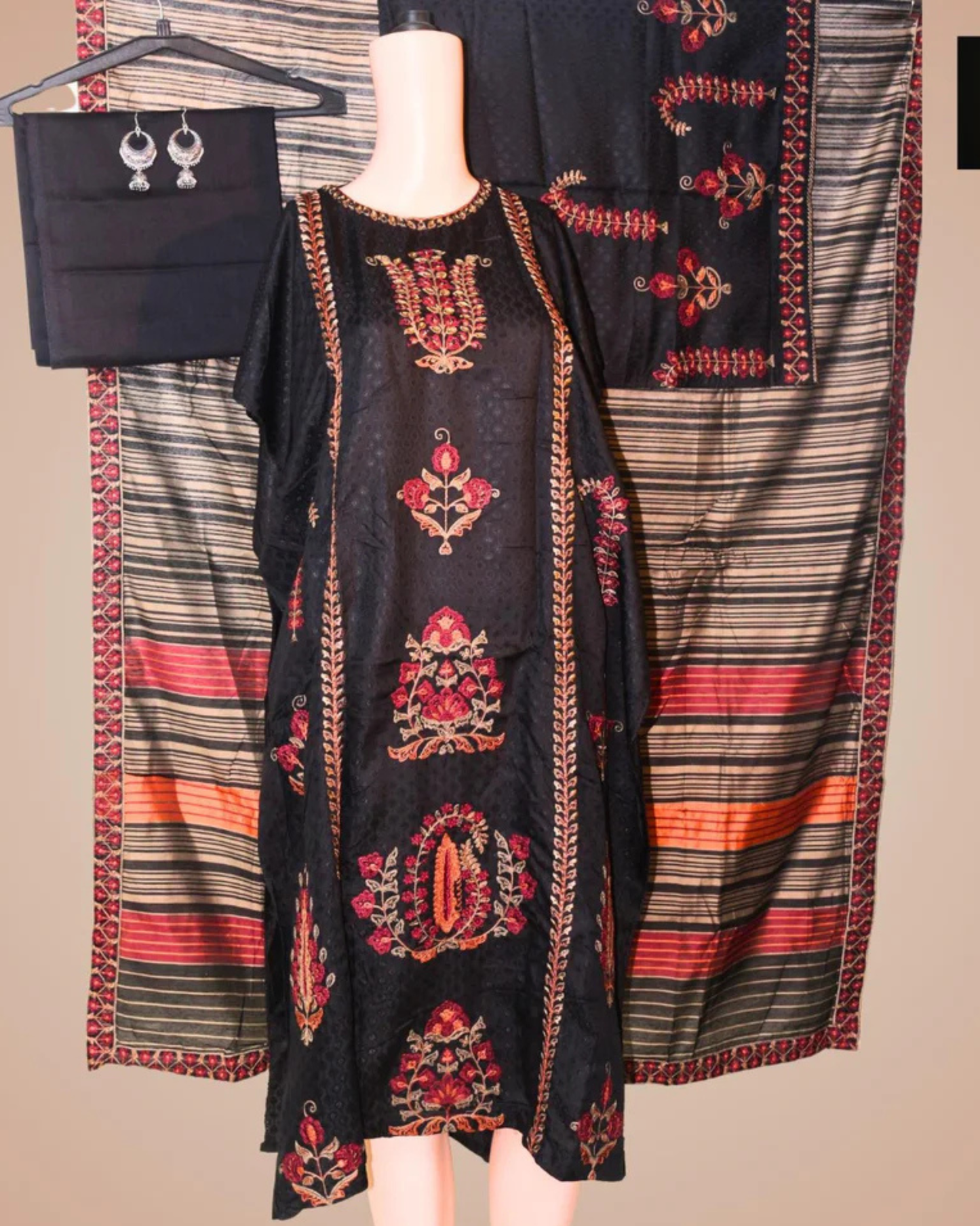 Black Kashmiri Embroidered Semi-Stitched Suit Set