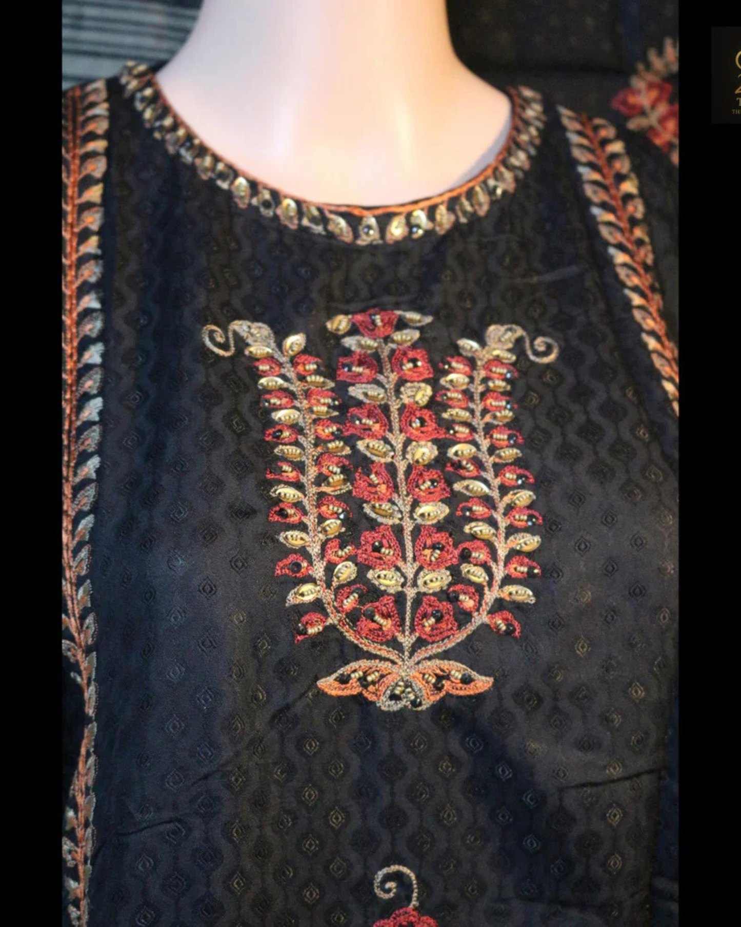Black Kashmiri Embroidered Semi-Stitched Suit Set