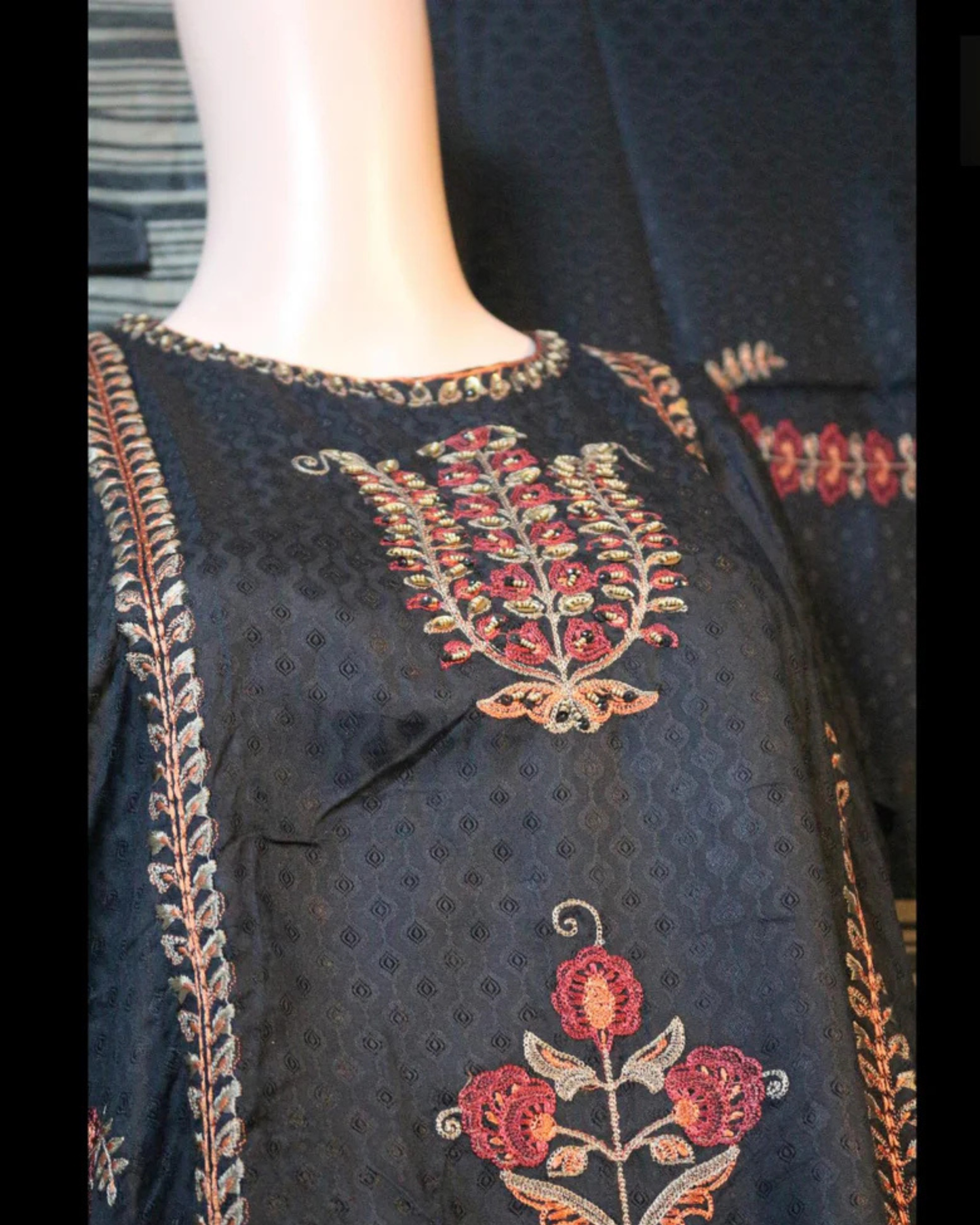 Black Kashmiri Embroidered Semi-Stitched Suit Set
