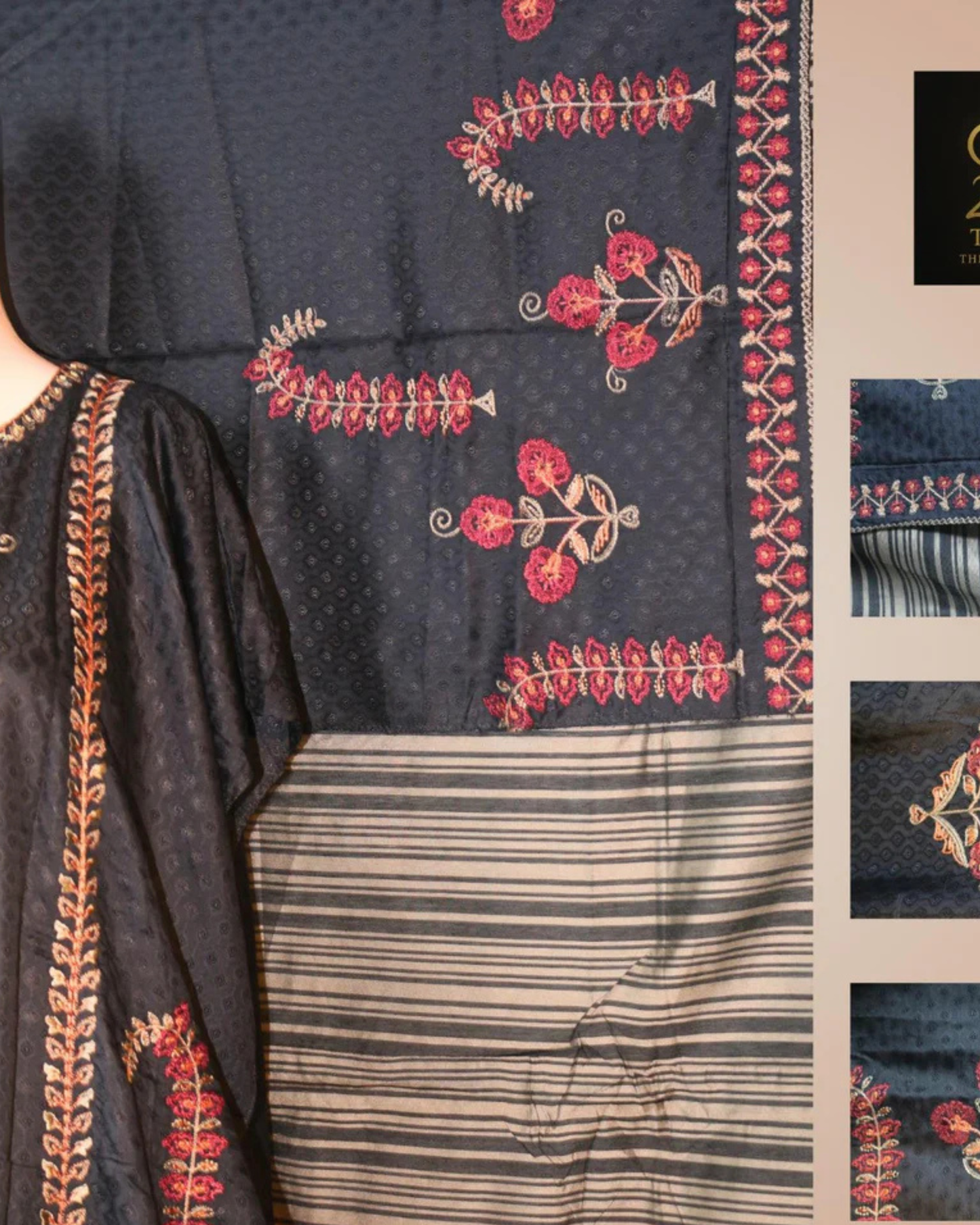 Black Kashmiri Embroidered Semi-Stitched Suit Set