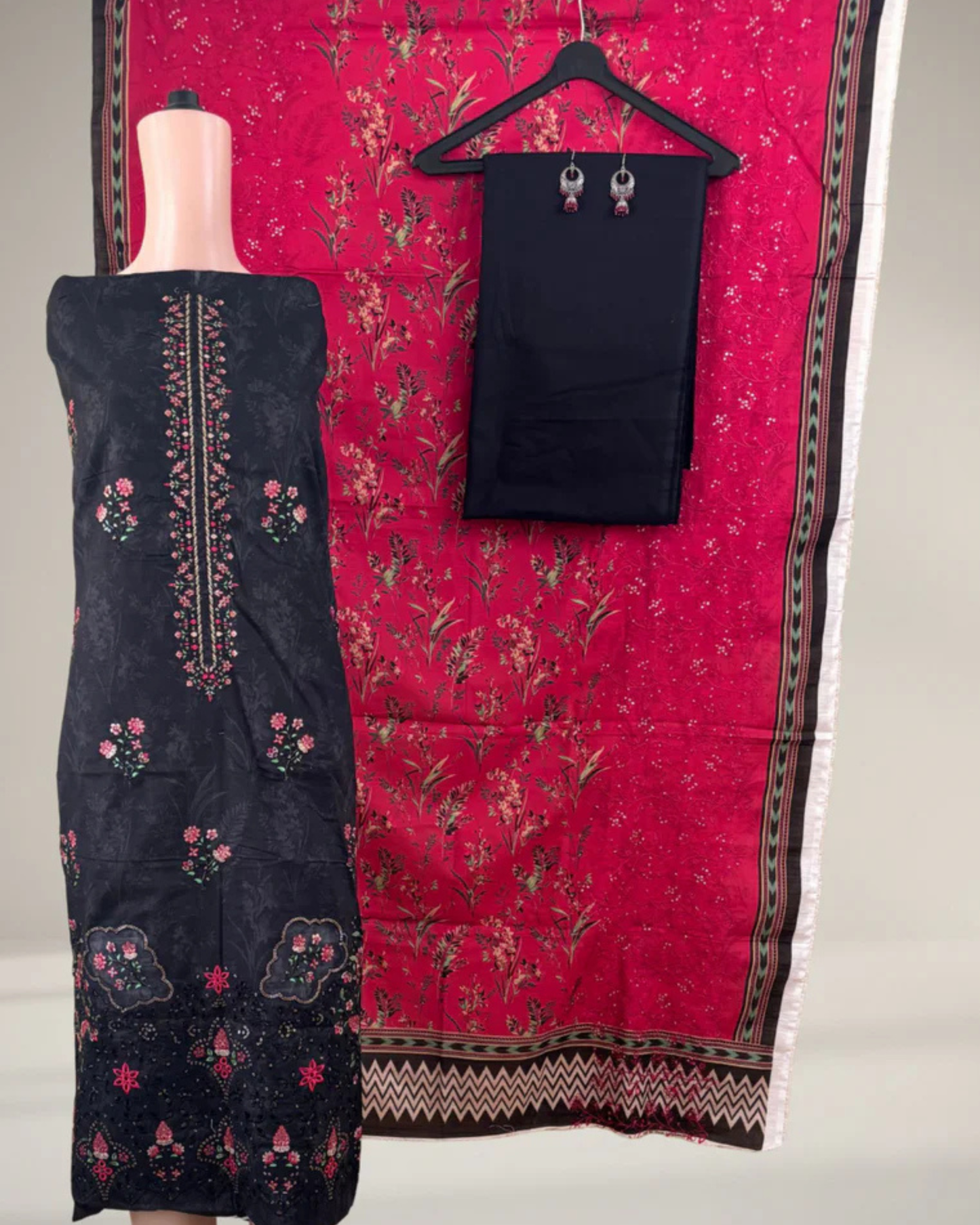 Black & Cherry Red Embroidered Suit Set with Sequence Detailing