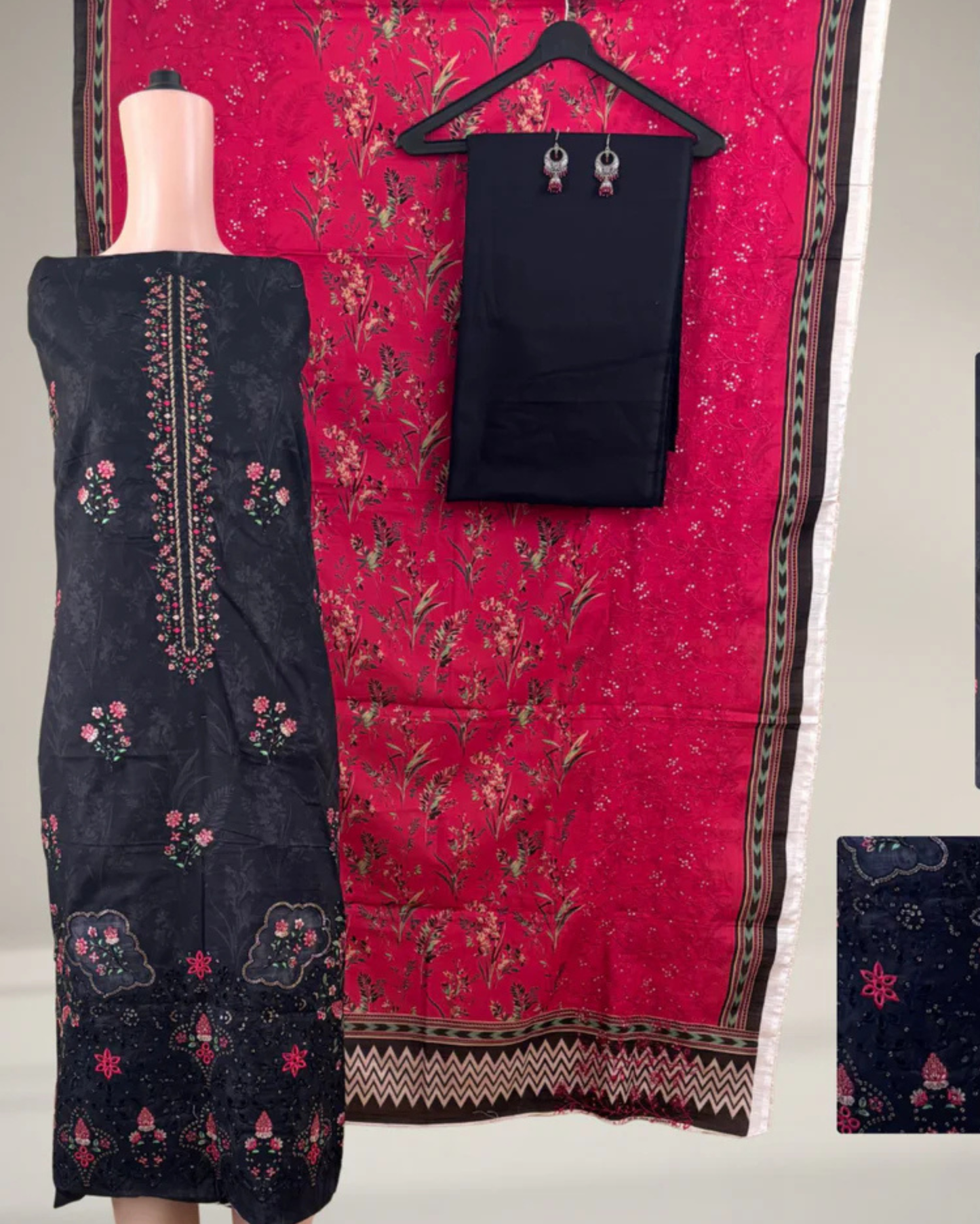 Black & Cherry Red Embroidered Suit Set with Sequence Detailing
