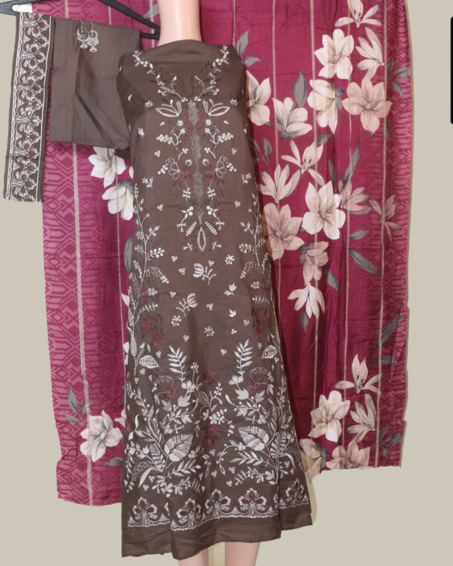 Coffee Brown Embroidered Unstitched Suit Set