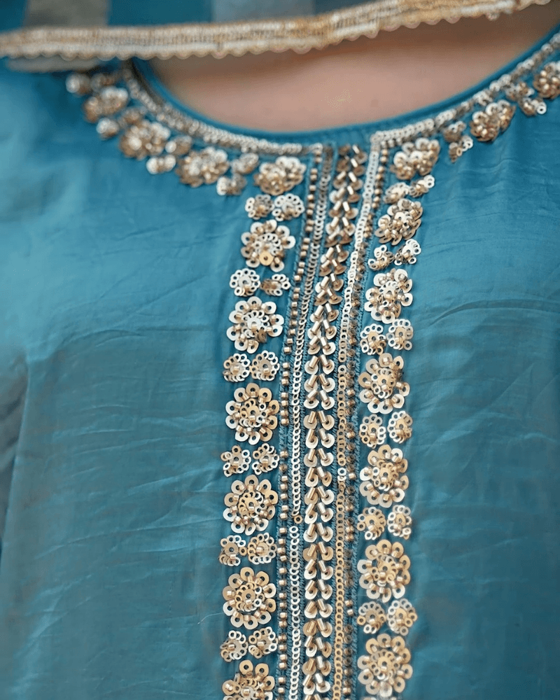 Peacock Green Tussle Silk Suit with Sequence Work