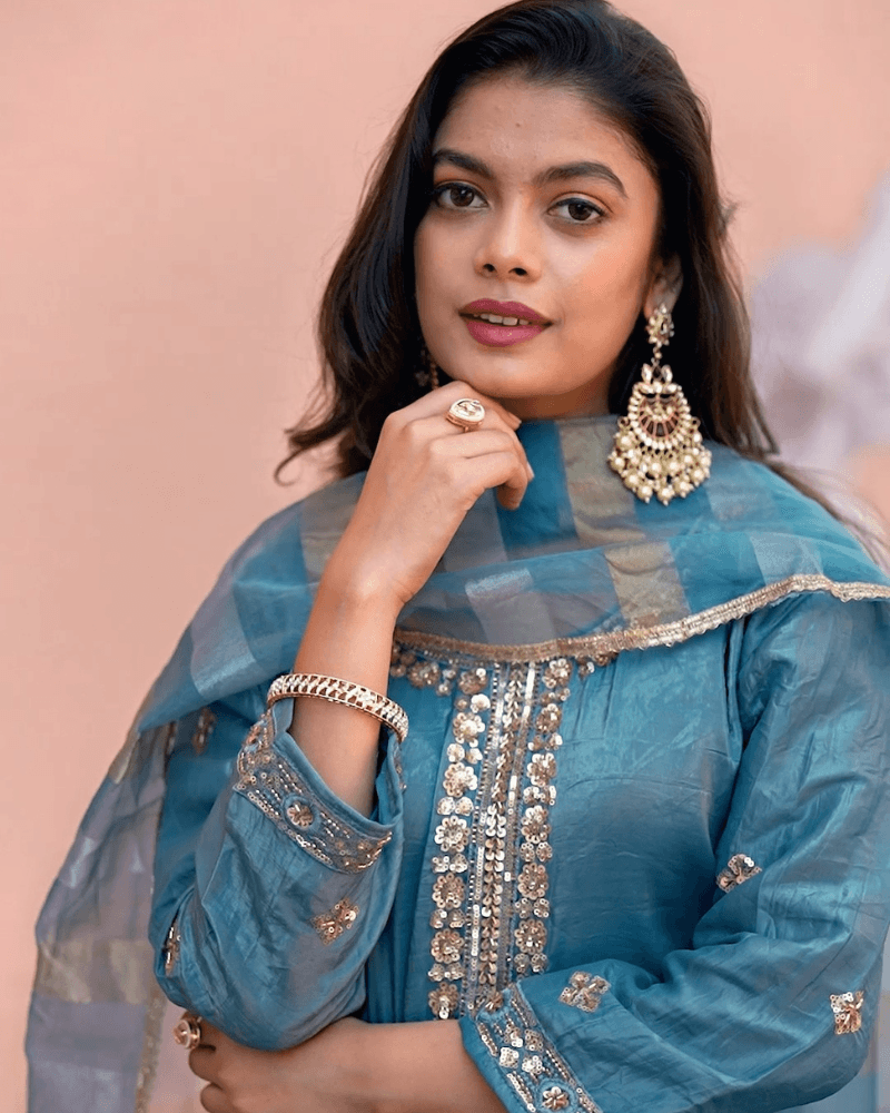 Peacock Green Tussle Silk Suit with Sequence Work