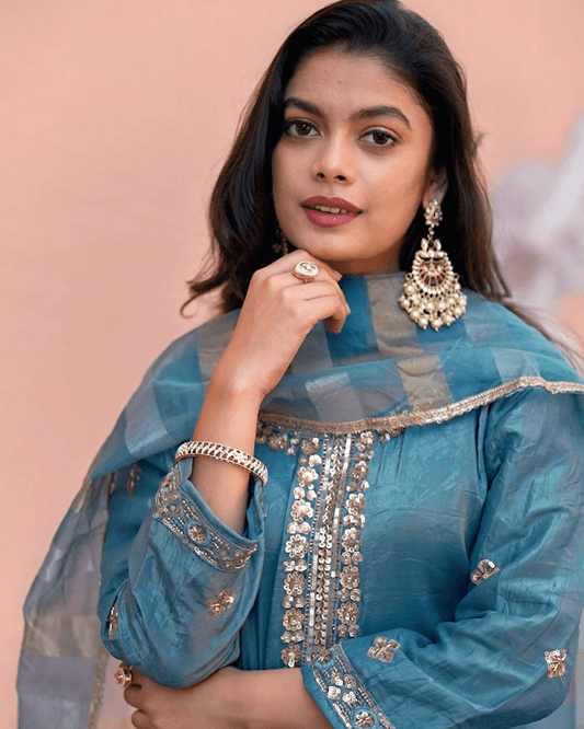 Peacock Green Tussle Silk Suit with Sequence Work