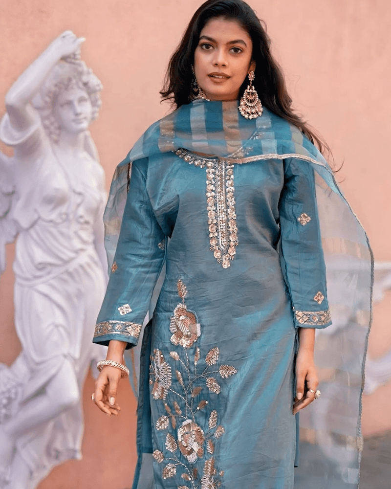 Peacock Green Tussle Silk Suit with Sequence Work